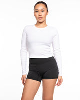 The Micro Rib Crop Long Sleeve - White - Method Pilates - Center Chest - Printed - Brown