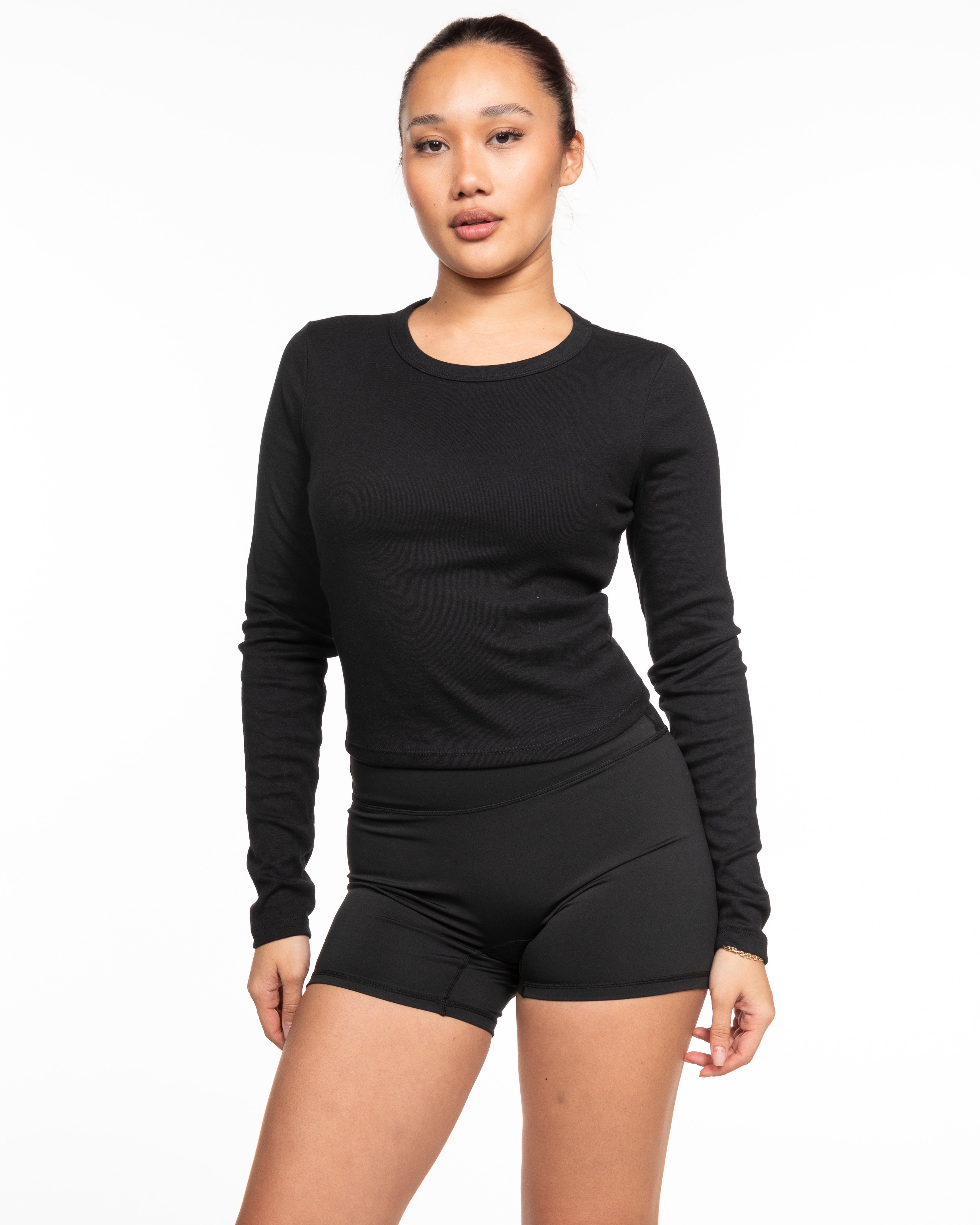 The Micro Rib Crop Long Sleeve - Black - Method Pilates - Center Chest-  Printed - White