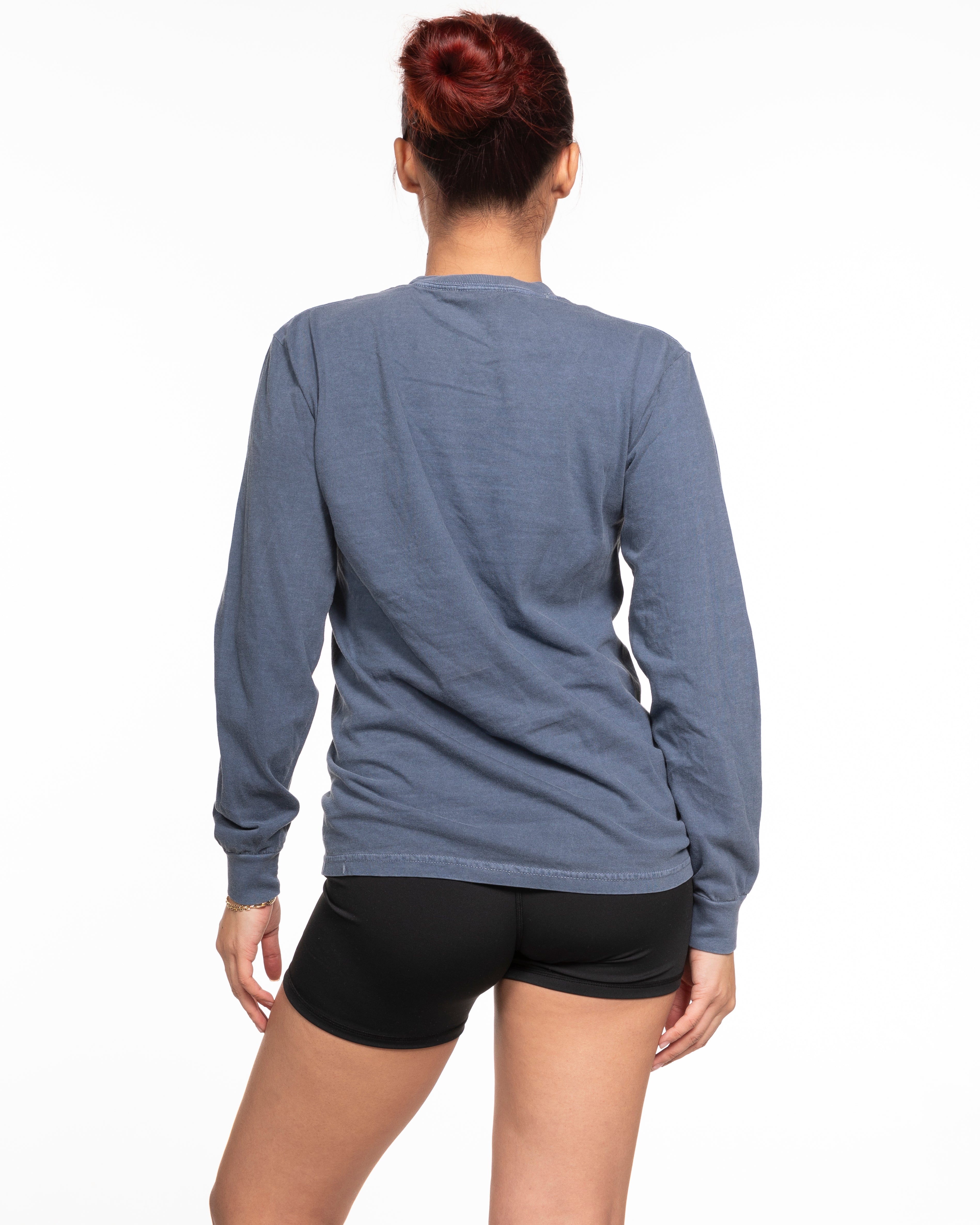 The Unisex Midweight Long Sleeve - Blue Jean - Rumble - Center Chest - White