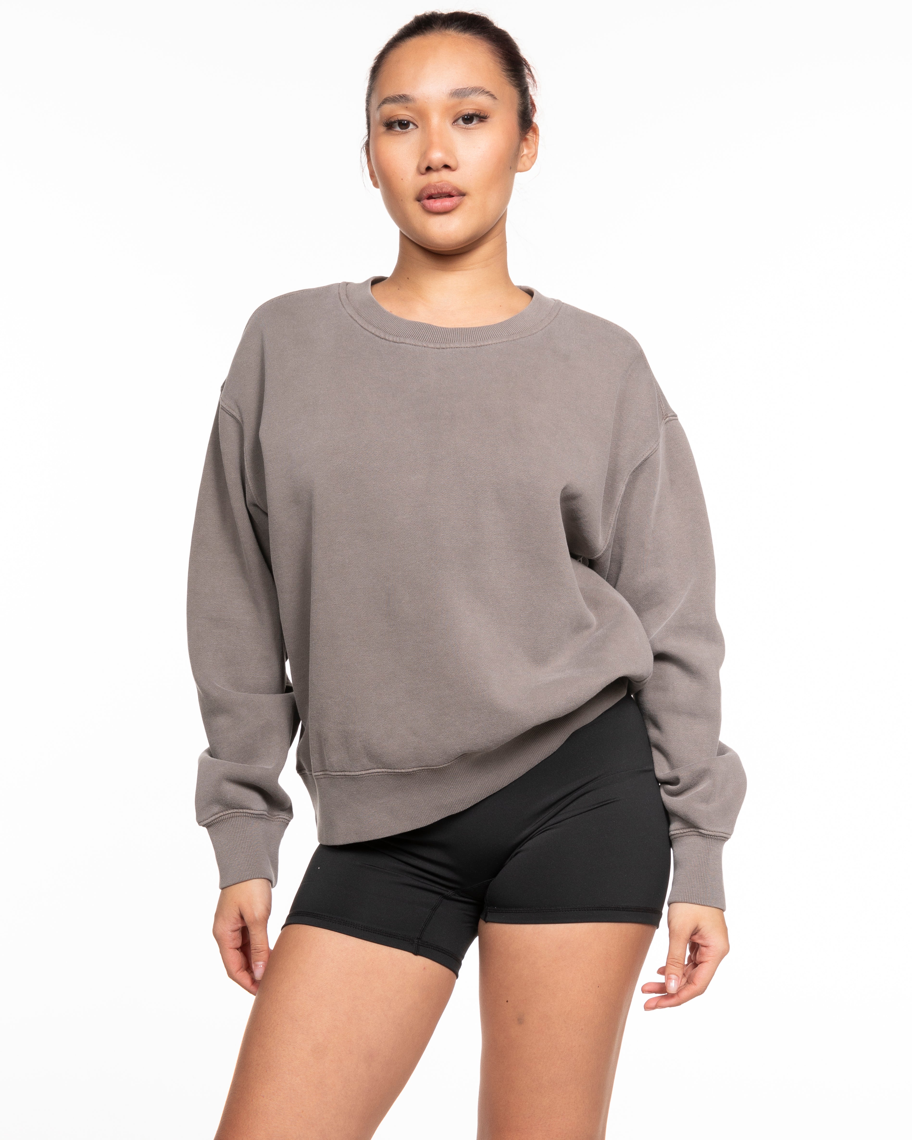 The Womens Crewneck - Washed Gray - Fed By The Fruit - Left Chest & Back Stacked - Printed - Off White