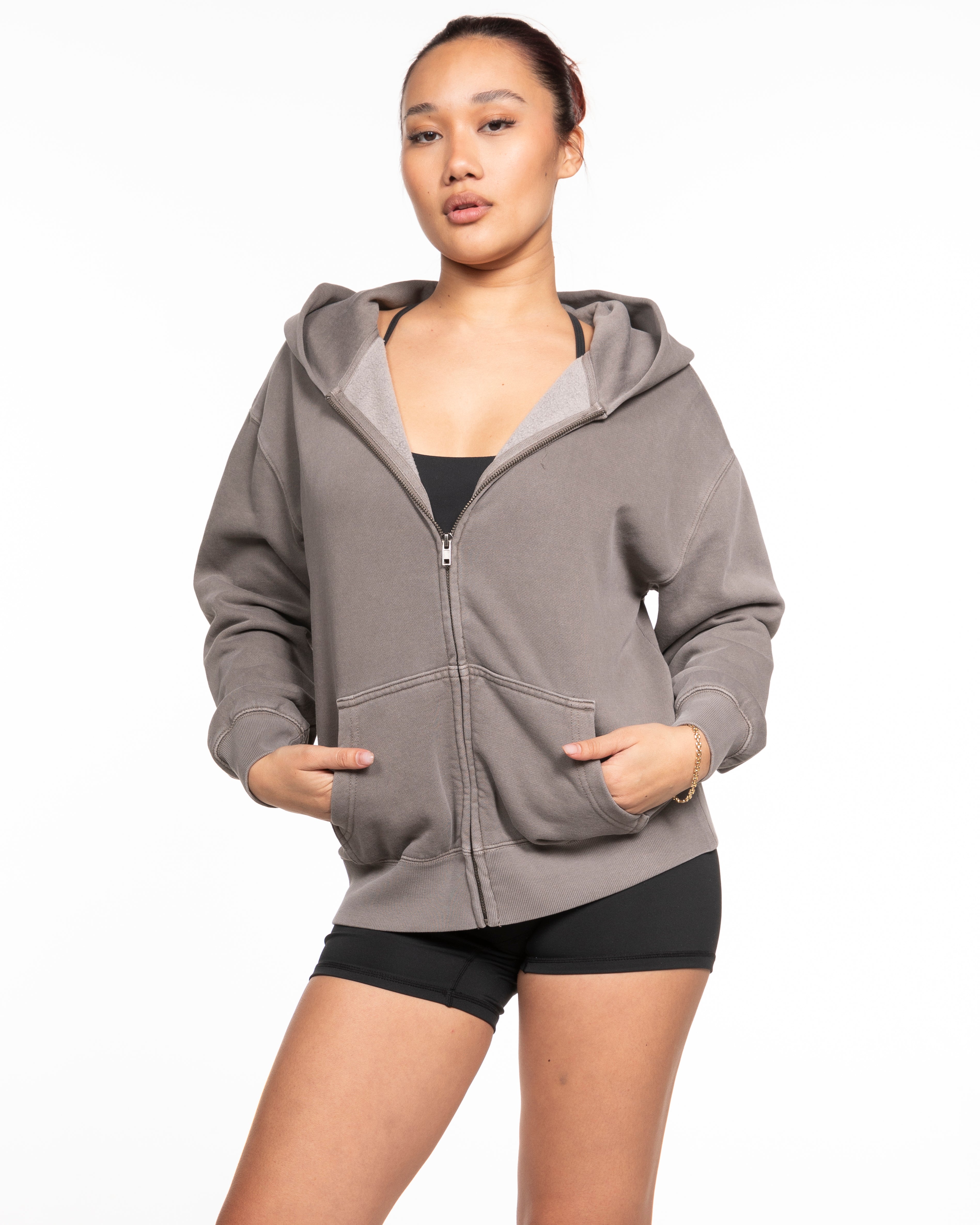 The Womens Zip Hoodie - Washed Gray - ALCHEME - Left Chest & Center Back Stacked - White