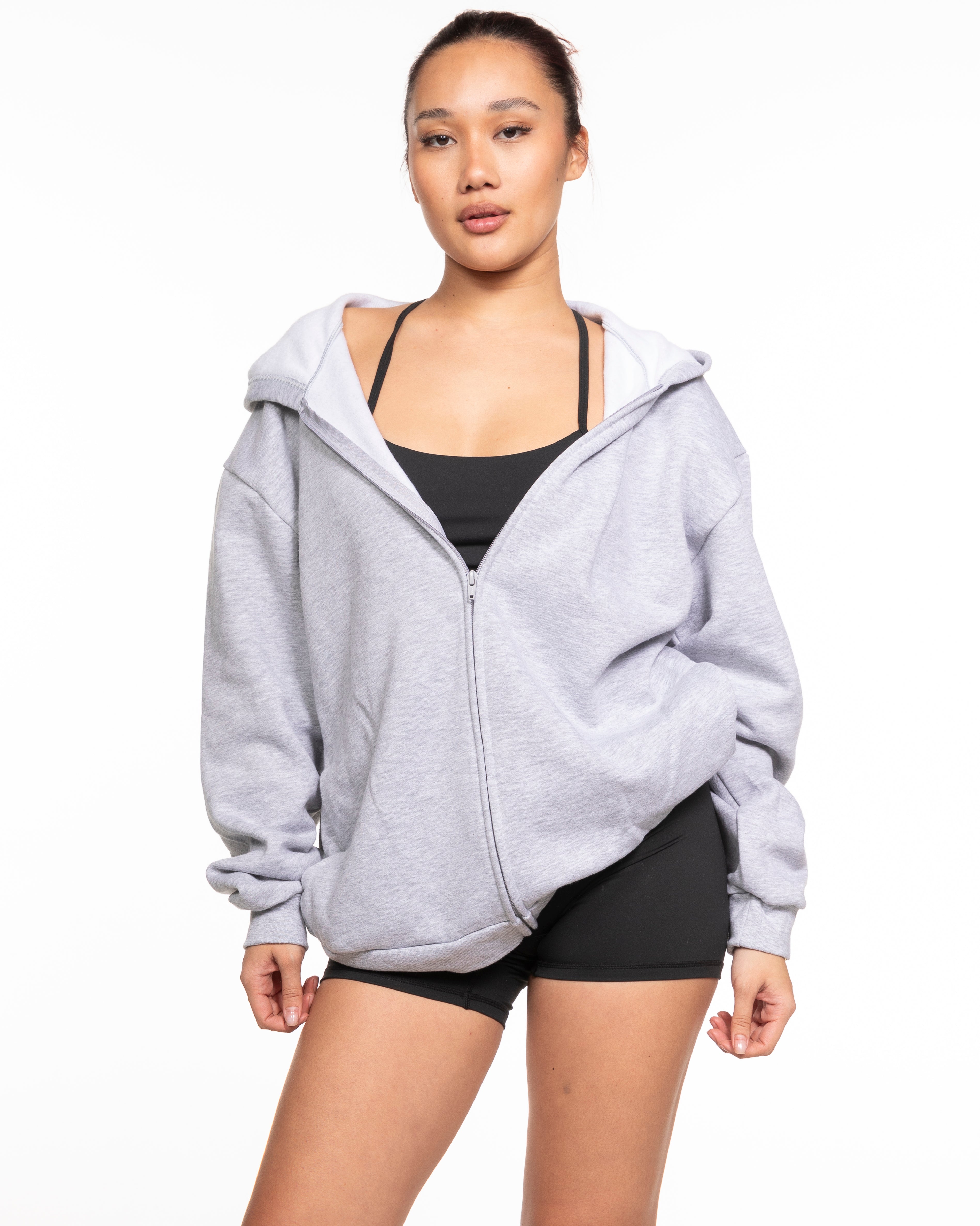 The Recycled Unisex Zip Hoodie - Heather - Cake Factory - Left Chest Stacked & Full Back - Black