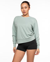 The Womens Sueded Crewneck - Denim Green - Cyclebar San Elijo Hills - Left Chest Image - Printed - Tone on Tone