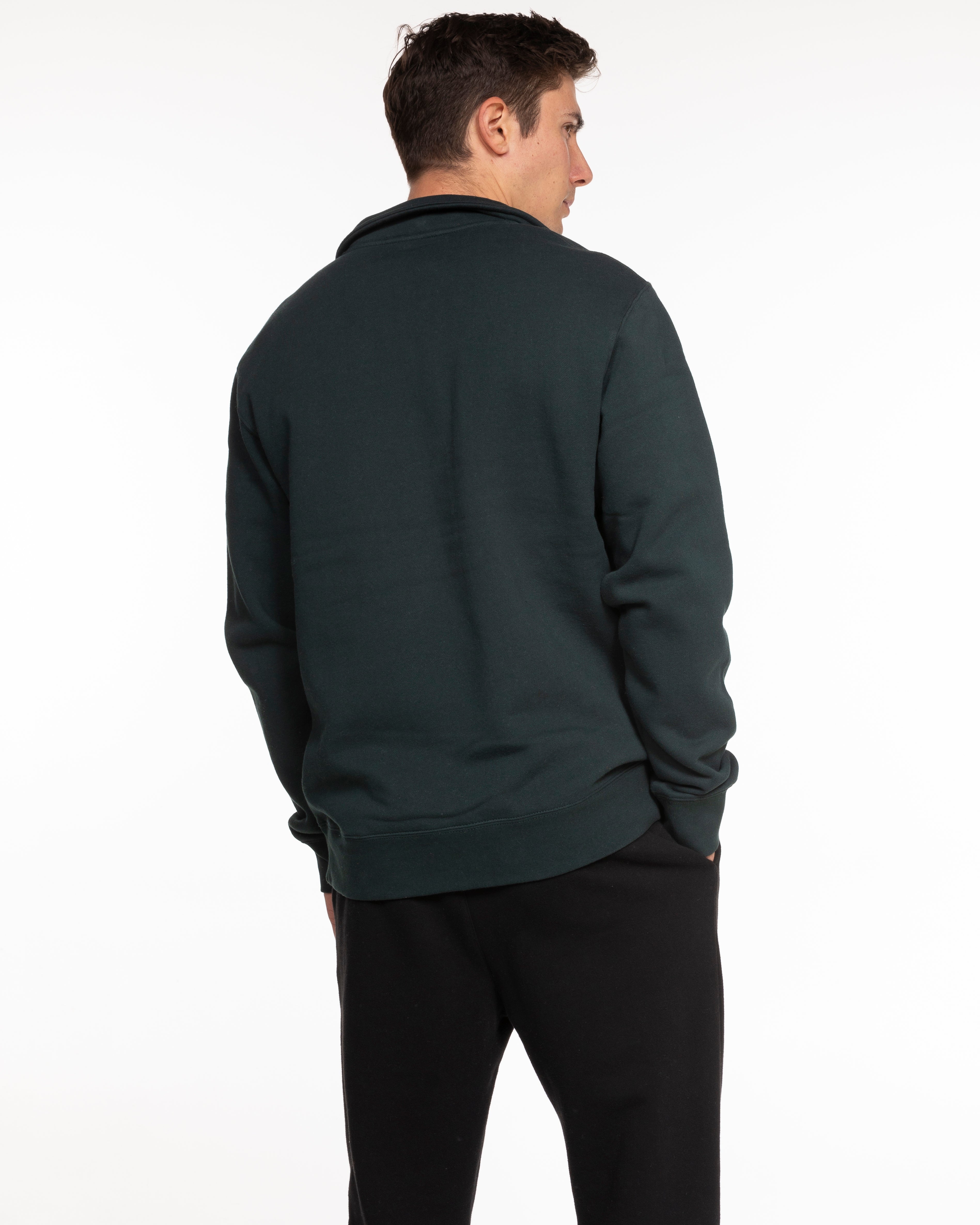 The Mens 1/4 Zip - Pine Green - BlueCarrot - Left Chest Stacked - Printed - Off White