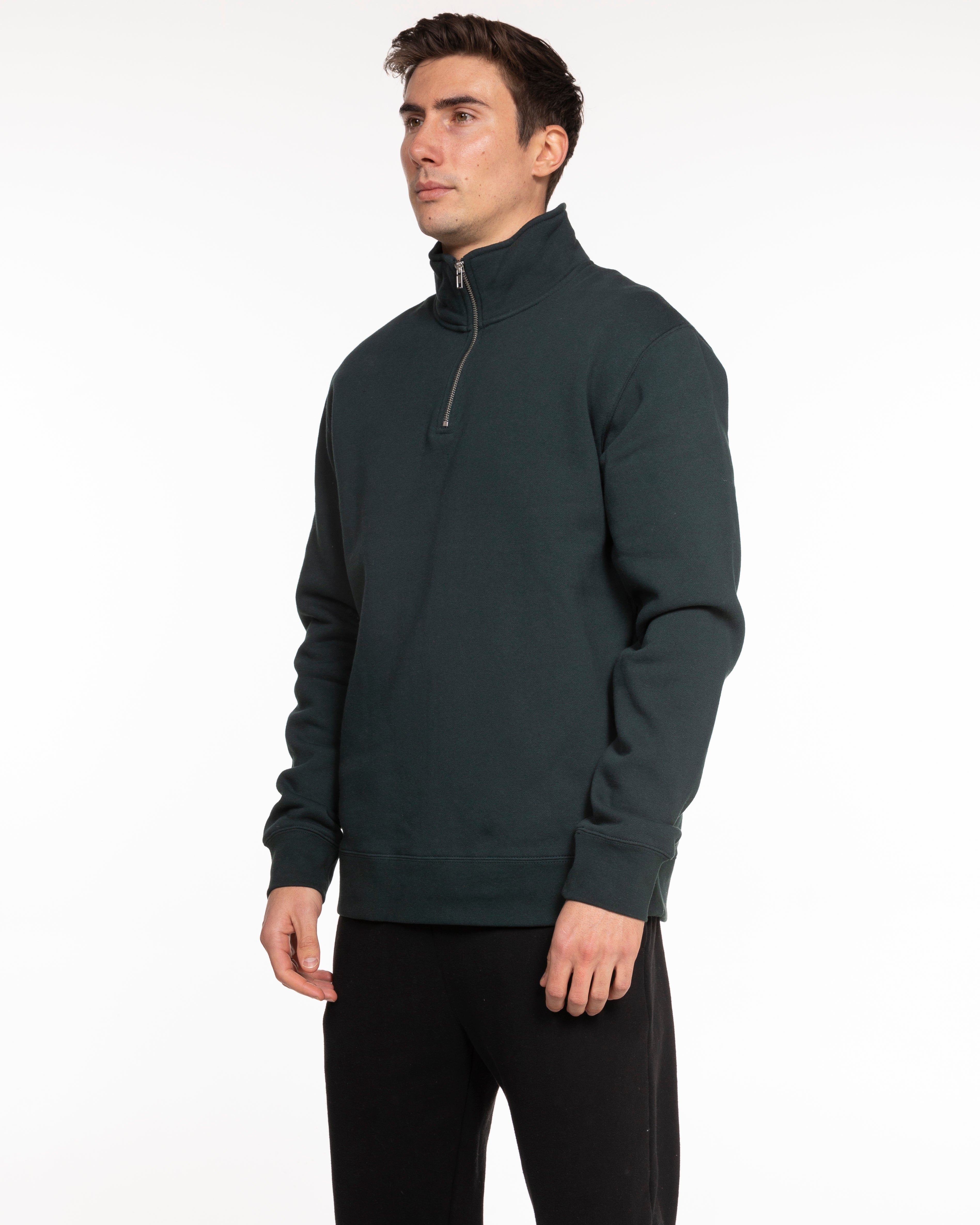 The Mens 1/4 Zip - Pine Green - BlueCarrot - Left Chest Stacked - Printed - Off White