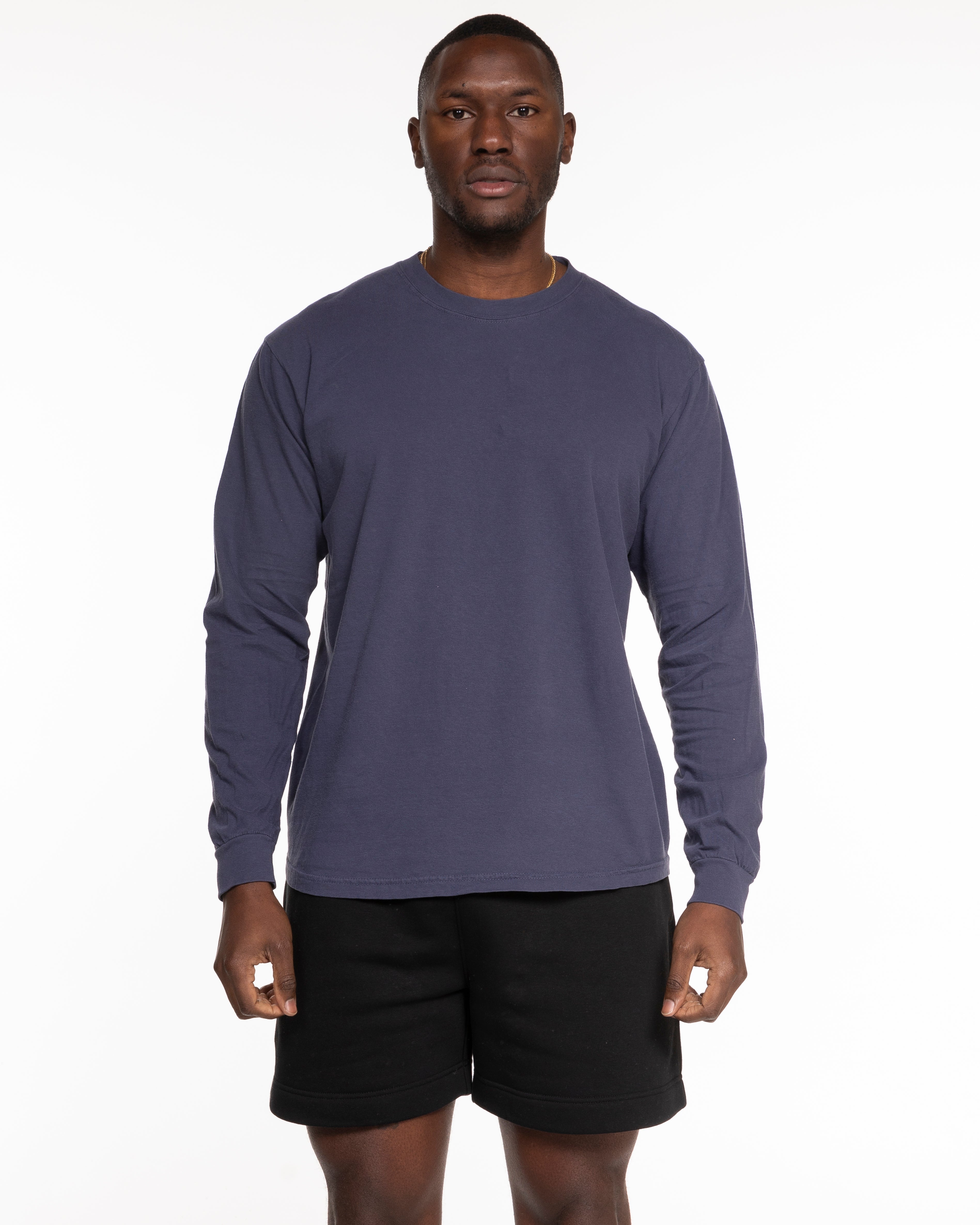 The Unisex Midweight Long Sleeve - Navy - Evolve Lagree - Left Chest - Printed - White