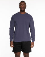 The Unisex Midweight Long Sleeve - Navy - Evolve Lagree - Left Chest - Printed - White