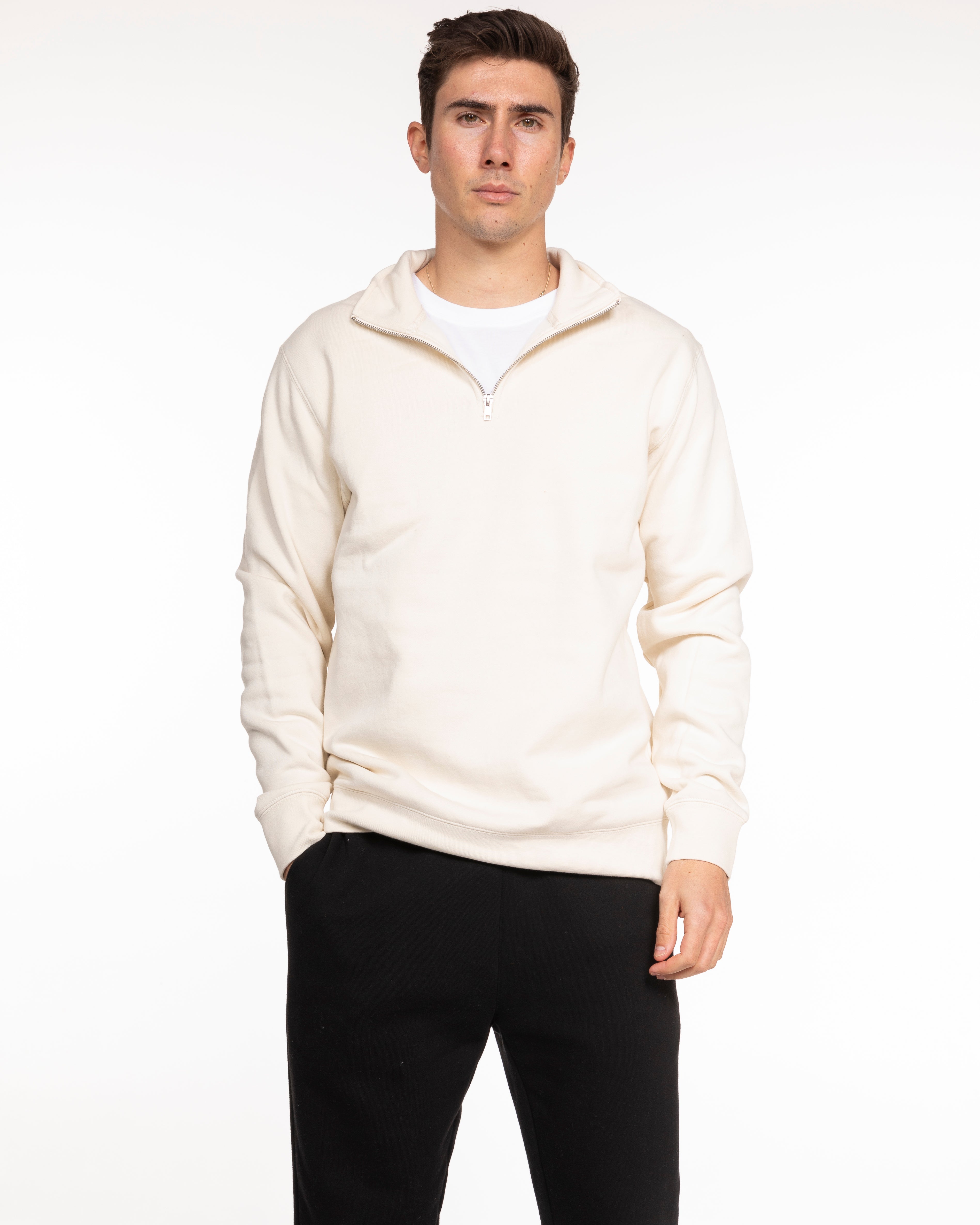 The Mens 1/4 Zip - Off White - Vibe MVMT - Left Chest Stacked - Embroidered - Brown