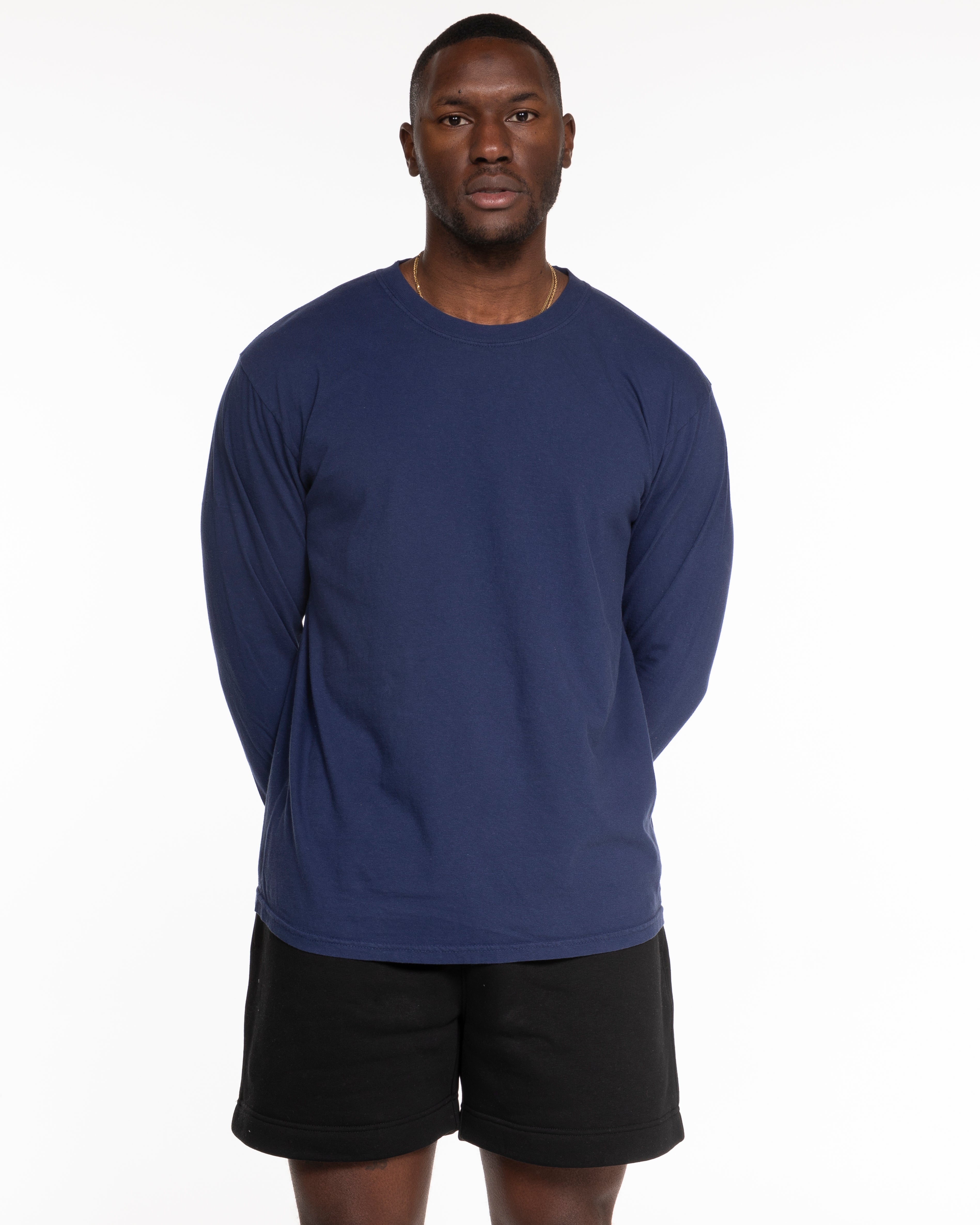 The Unisex Midweight Long Sleeve - Deep Navy - Pilates Baddie - Left Chest Arc - Printed - White