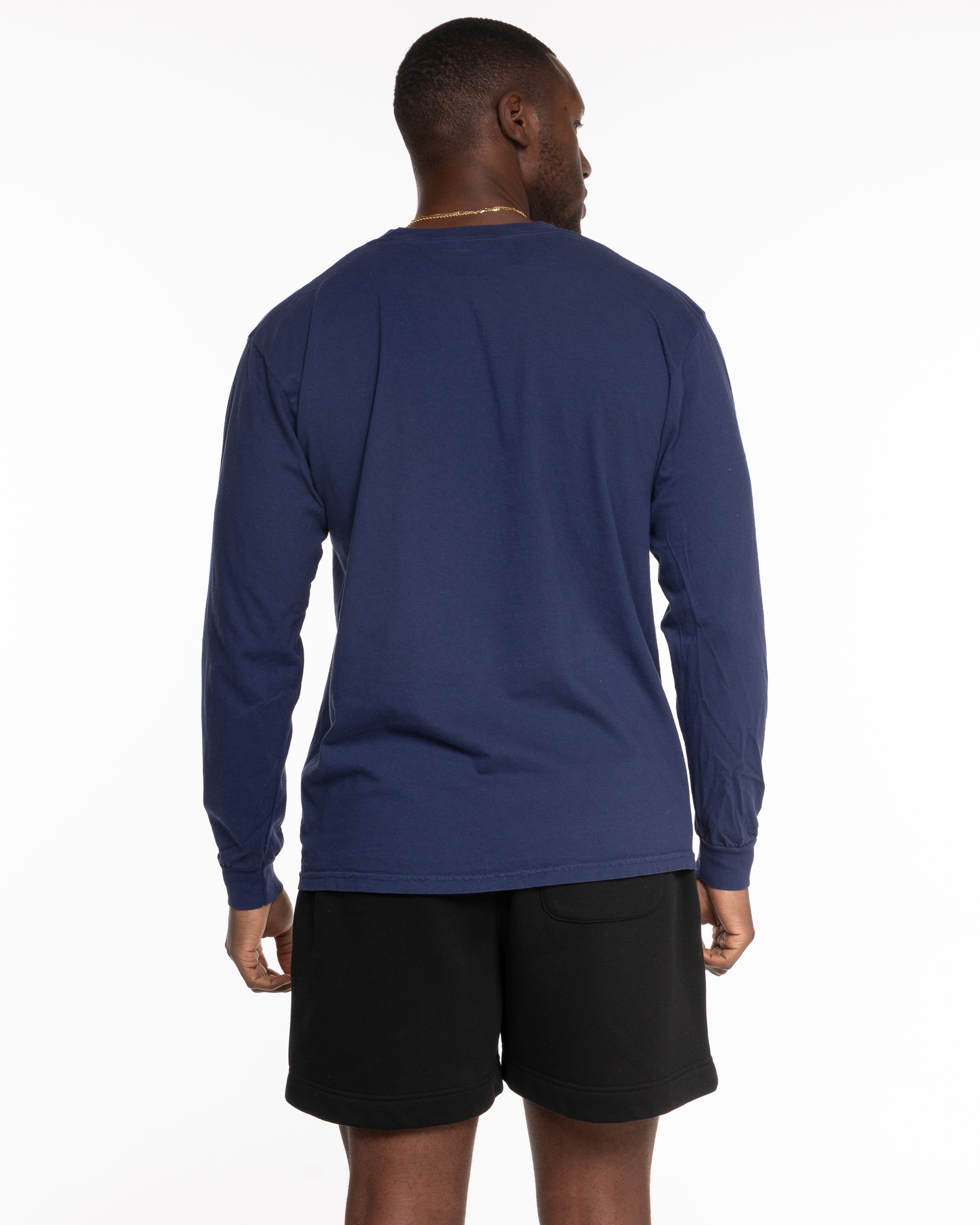 The Unisex Midweight Long Sleeve - Deep Navy - Pilates Baddie - Left Chest Arc - Printed - White