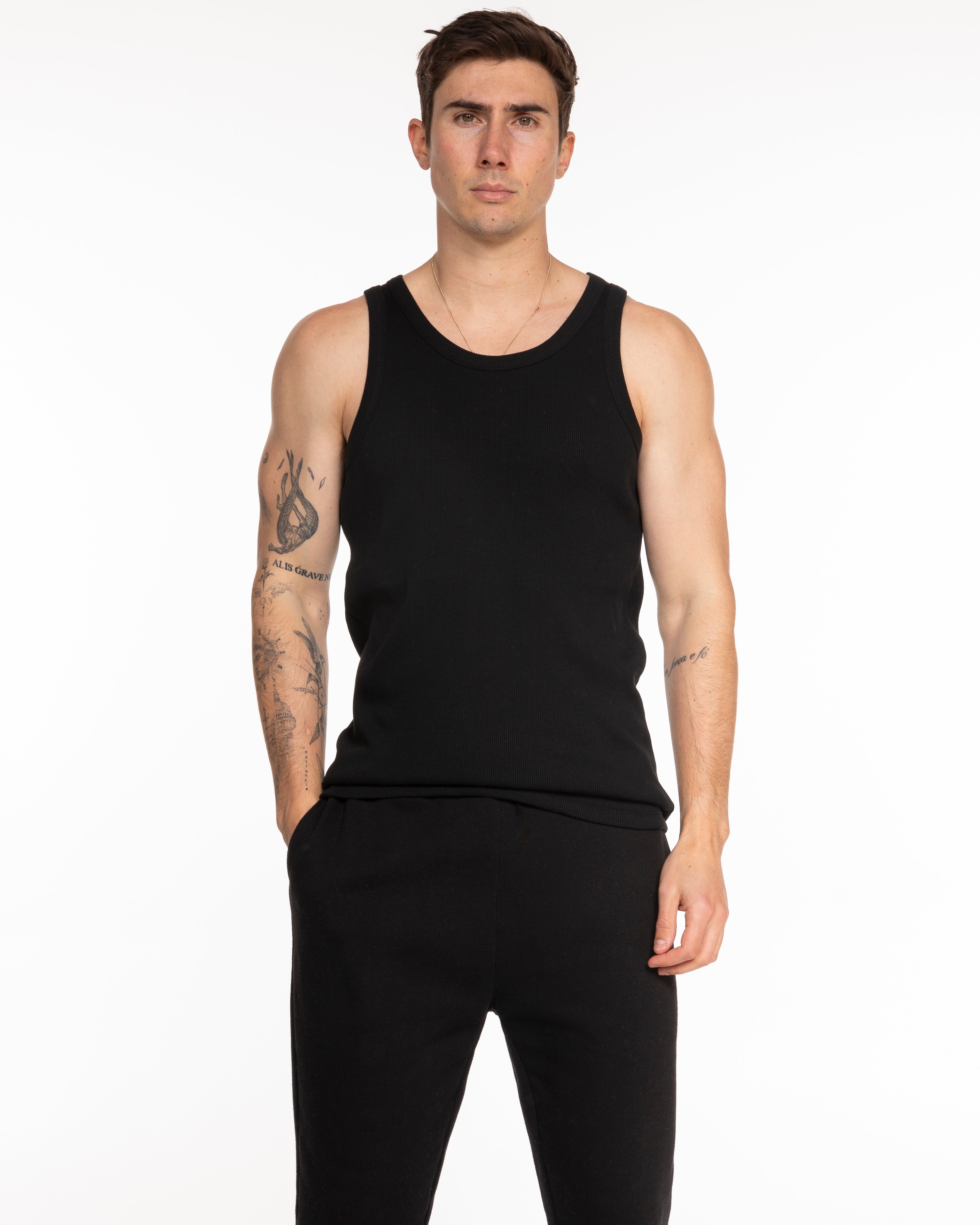 The Mens Ribbed Tank - Black - RECHARGED PILATES - Center Chest "BREATHE" - Embroidered - White