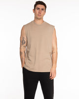 The Mens Heavyweight Tank - Washed Khaki - Rush Cycle Studio - Center Chest Stacked - Printed - Full Color