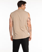 The Mens Heavyweight Tank - Washed Khaki - Rush Cycle Studio - Center Chest Stacked - Printed - Full Color