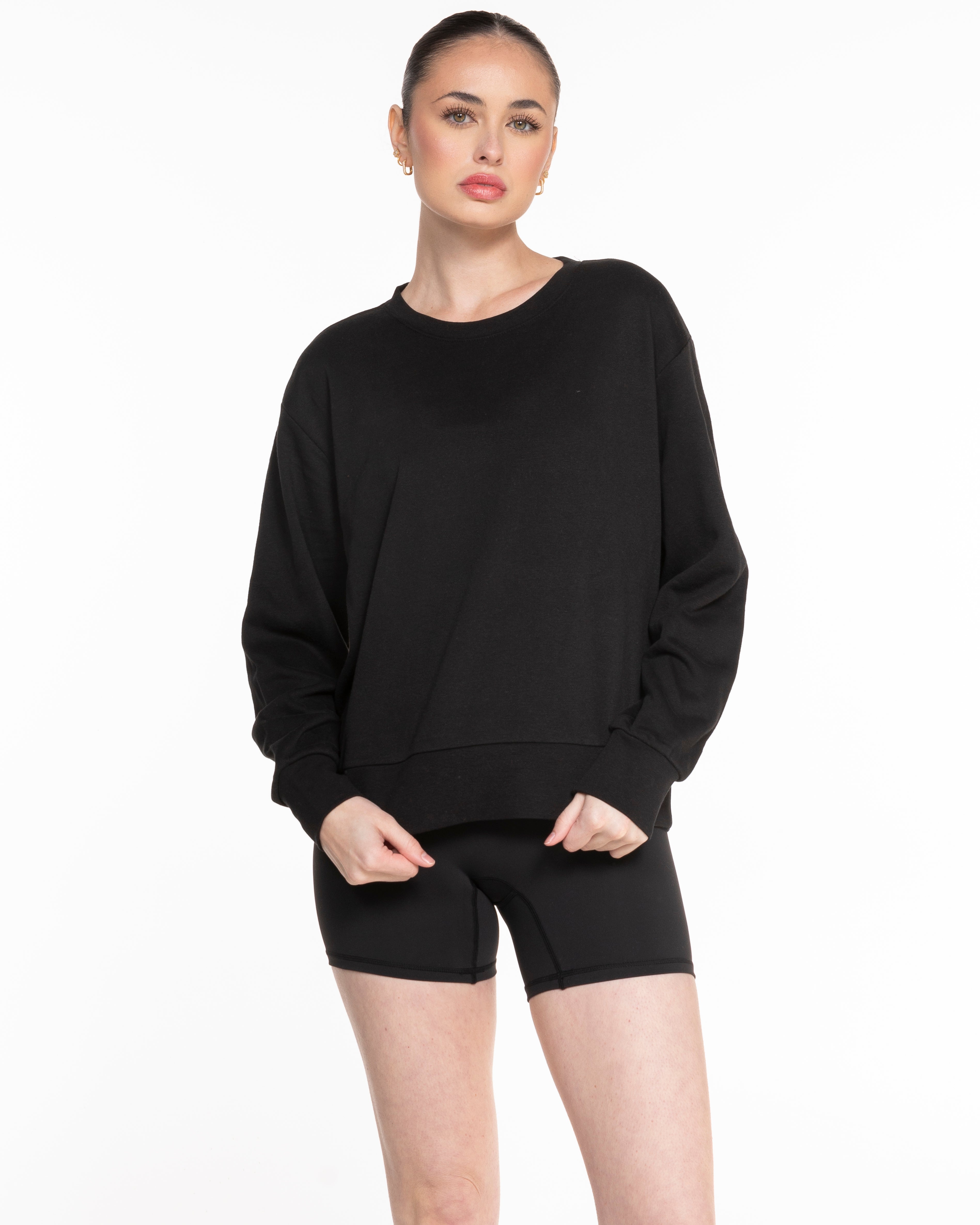The Womens Sueded Crewneck - Black - Powerhouse Fitness - Center Chest & Back Stacked - Printed - Full Color