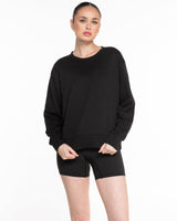 The Womens Sueded Crewneck - Black - Powerhouse Fitness - Center Chest & Back Stacked - Printed - Full Color