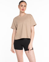 The Boxy Crop Tee - Sand - Lucky Penny - Left Chest Round & Back Center Stacked - Cream