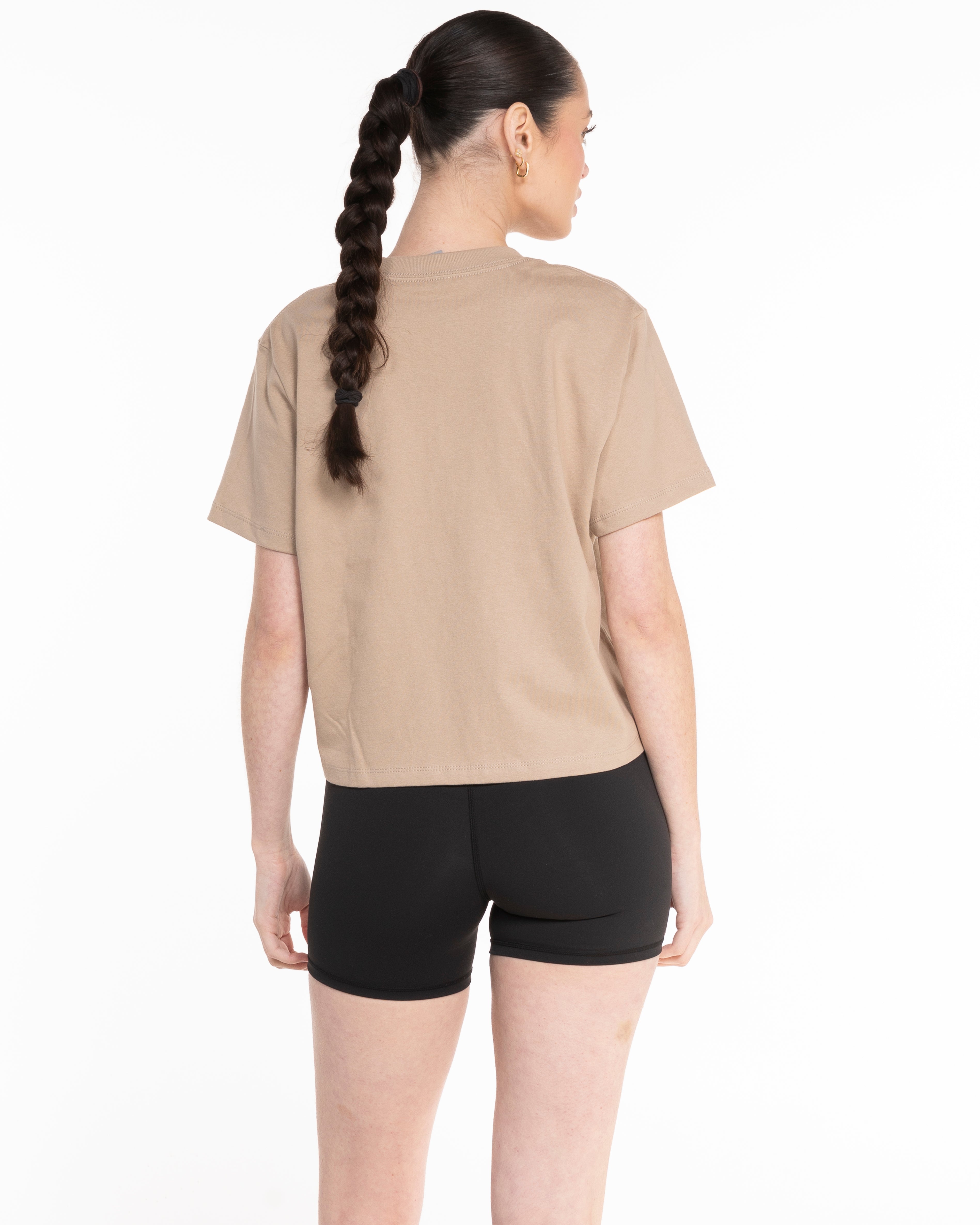 The Boxy Crop Tee - Sand - Lucky Penny - Left Chest Round & Back Center Stacked - Cream
