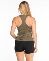 The Womens Full Length Tank - Olive - Love > Fear - Left Chest - Printed - White