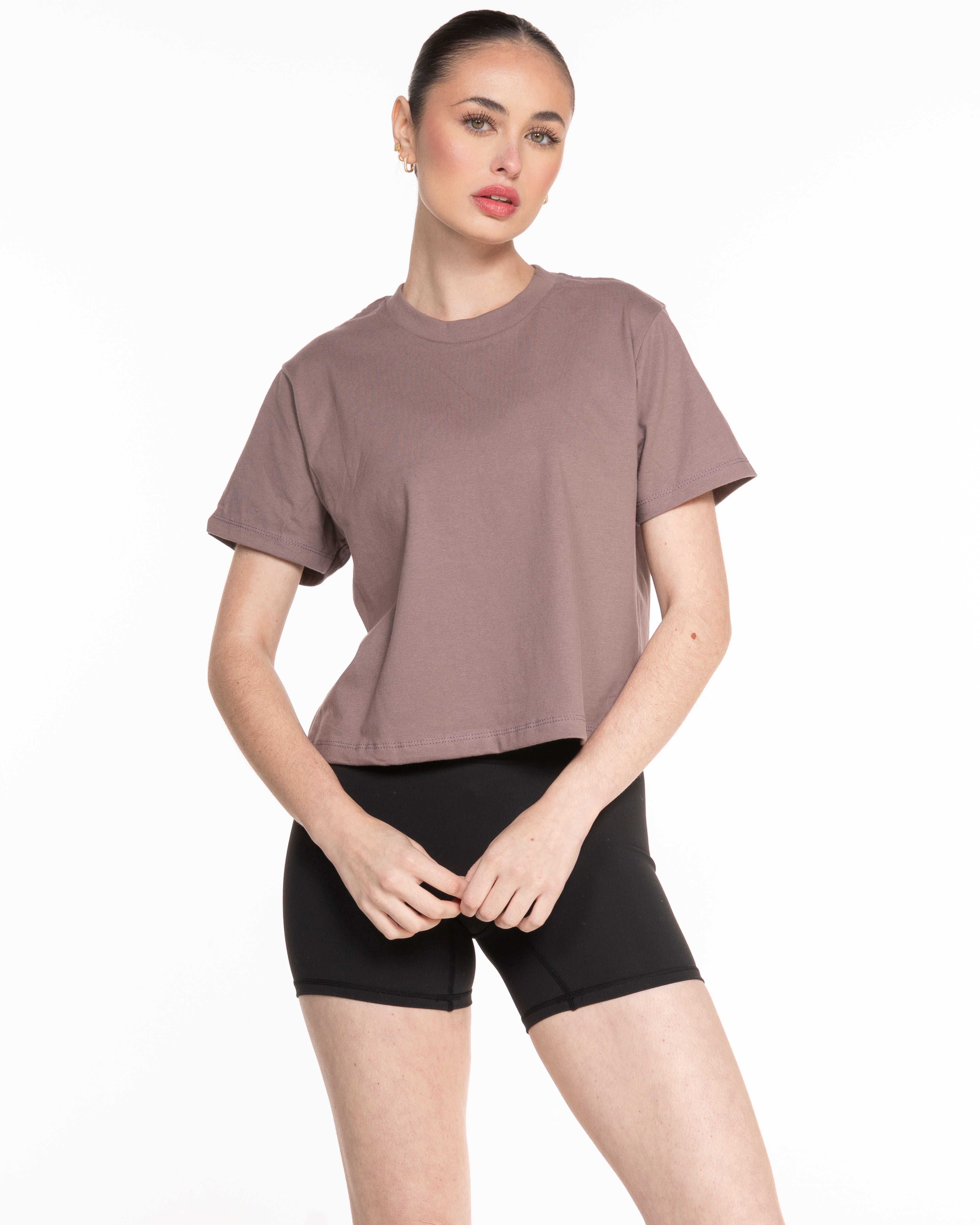 The Boxy Crop Tee - Mauve - Evolve Collective - Center Chest Stacked & Back Neckline - Printed - Brown