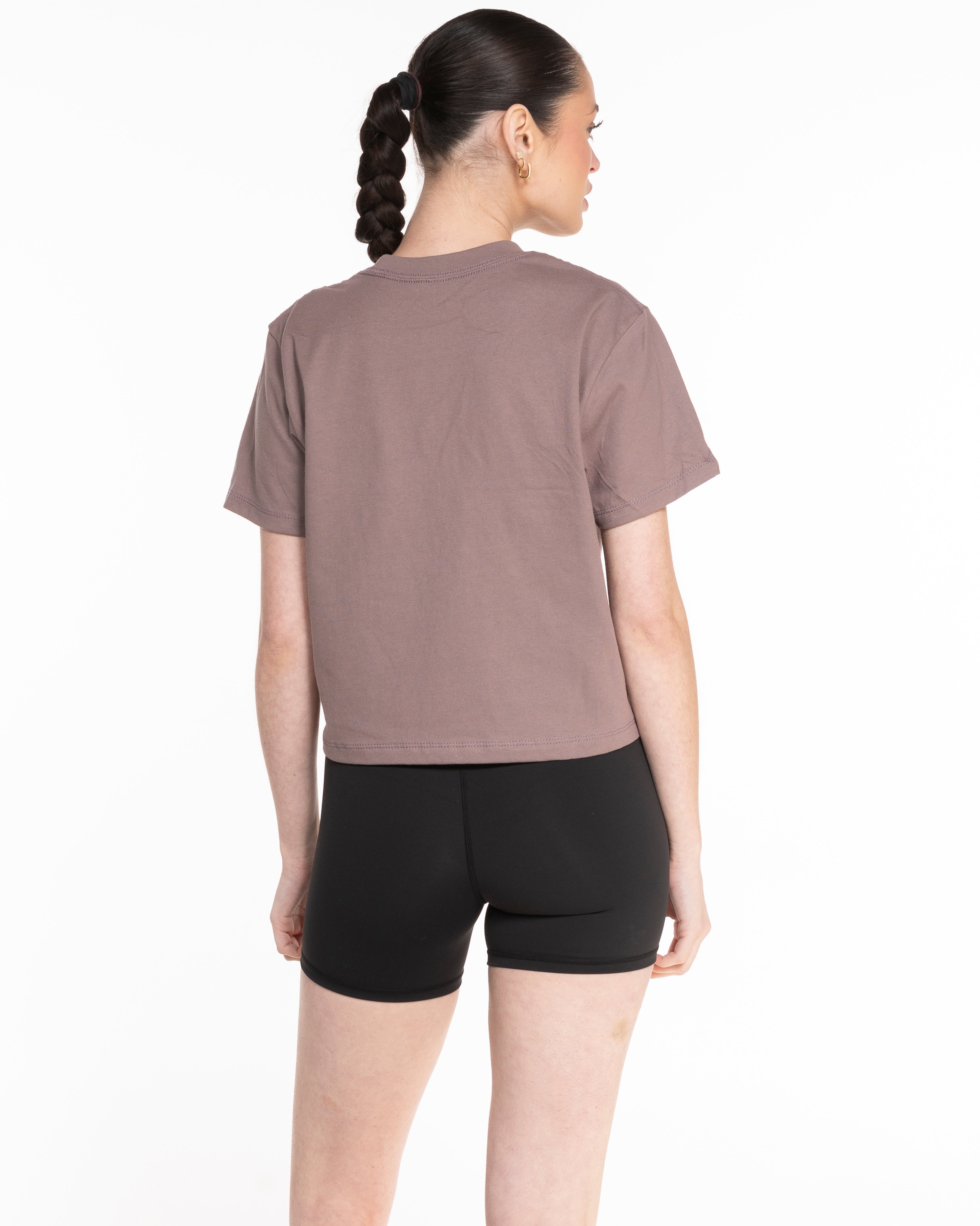 The Boxy Crop Tee - Mauve - Evolve Collective - Center Chest Stacked & Back Neckline - Printed - Brown