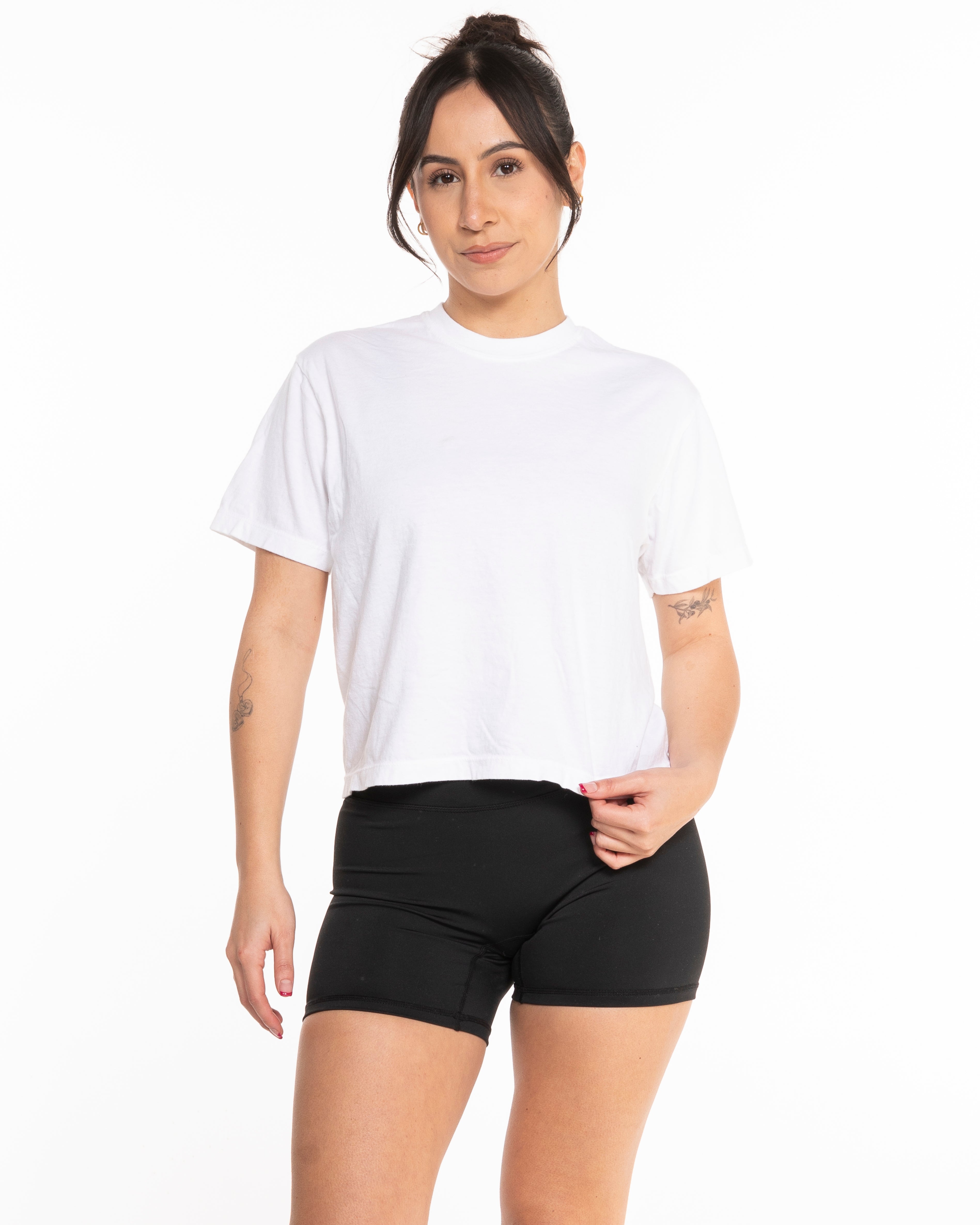 The Midweight Crop Tee - White - Mantra - Center Chest & Back Center Stacked - Black