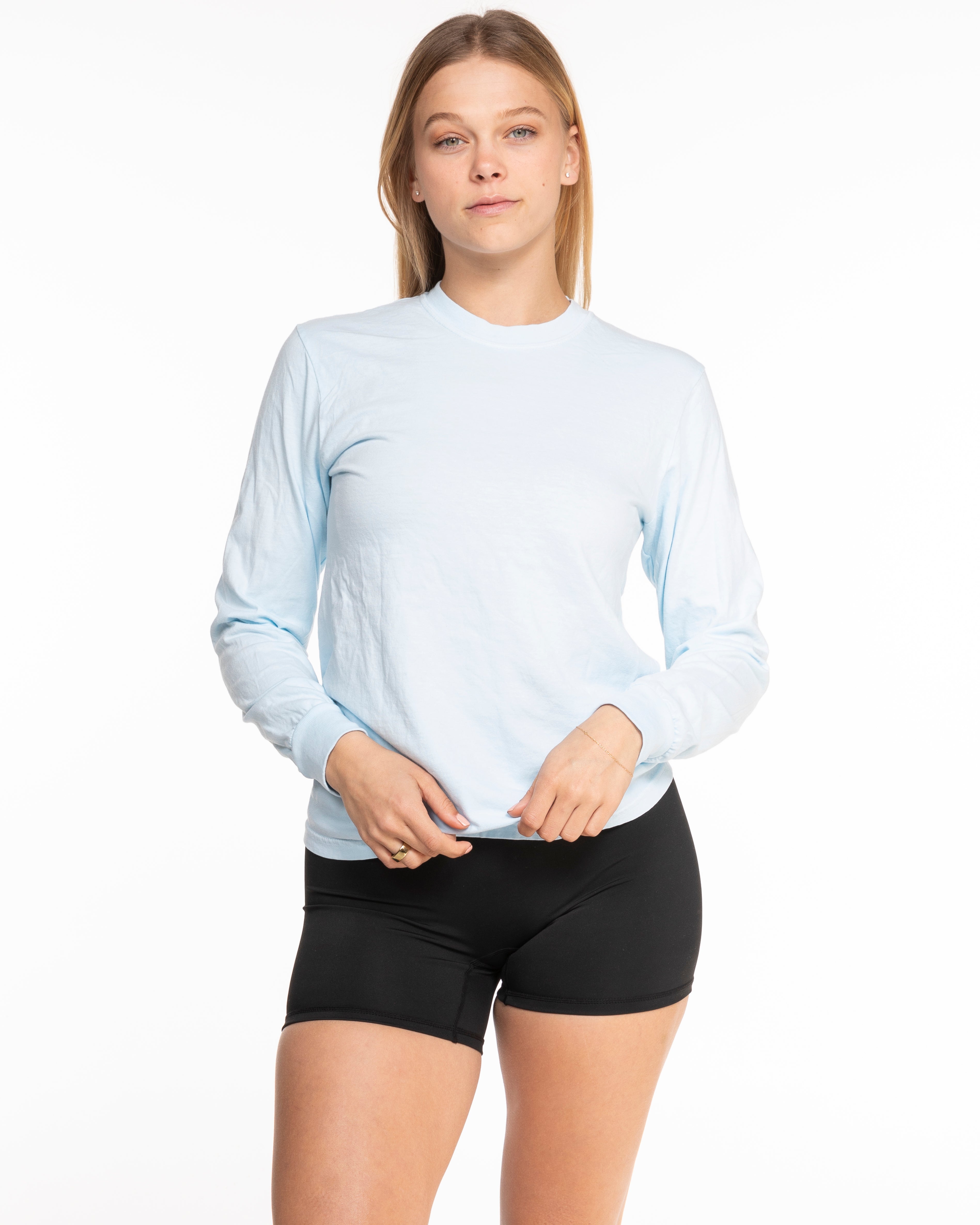 The Unisex Midweight Long Sleeve - Light Blue - Hikari Elite - Center Chest Stacked - Printed - Black