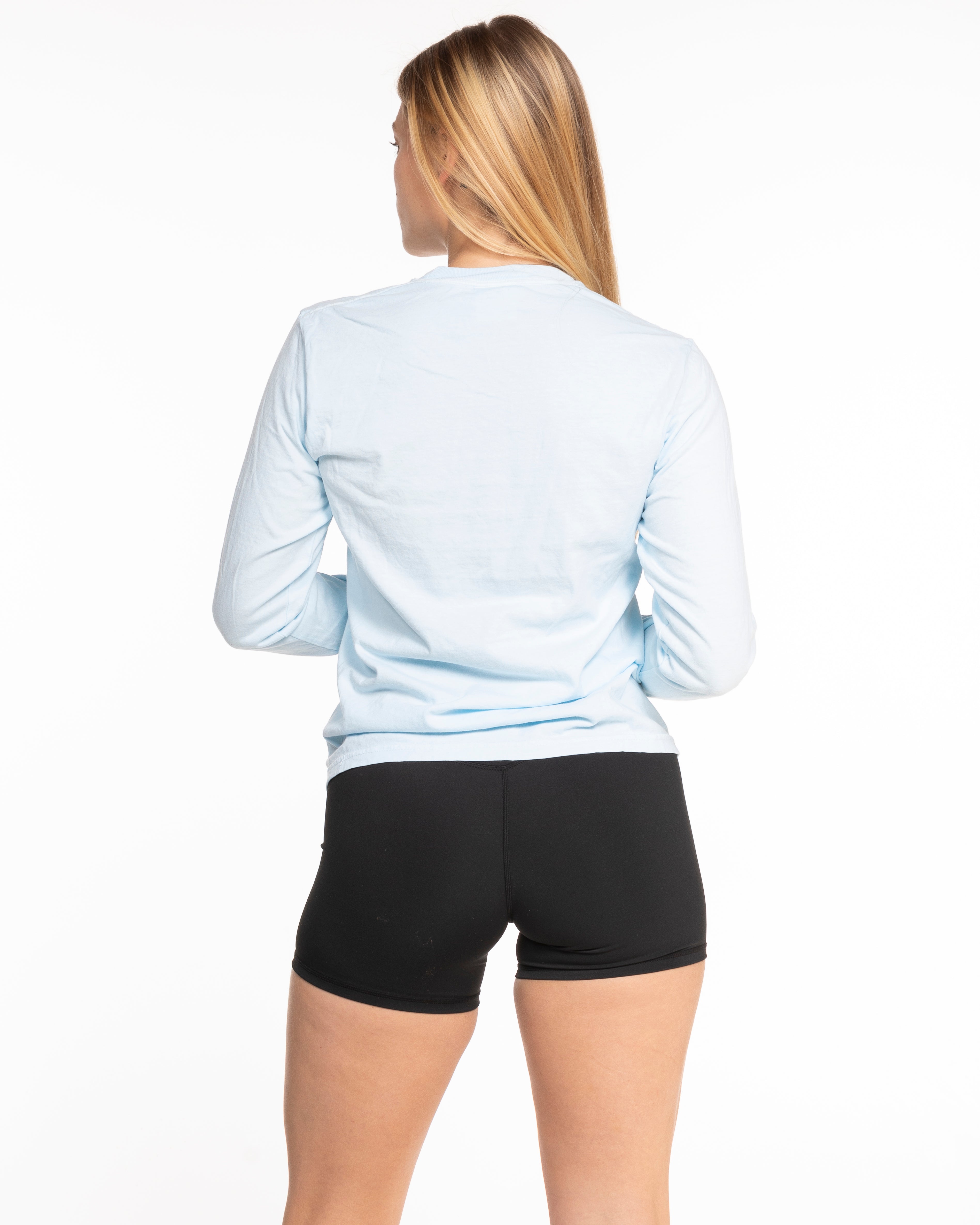 The Unisex Midweight Long Sleeve - Light Blue - Hikari Elite - Center Chest Stacked - Printed - Black