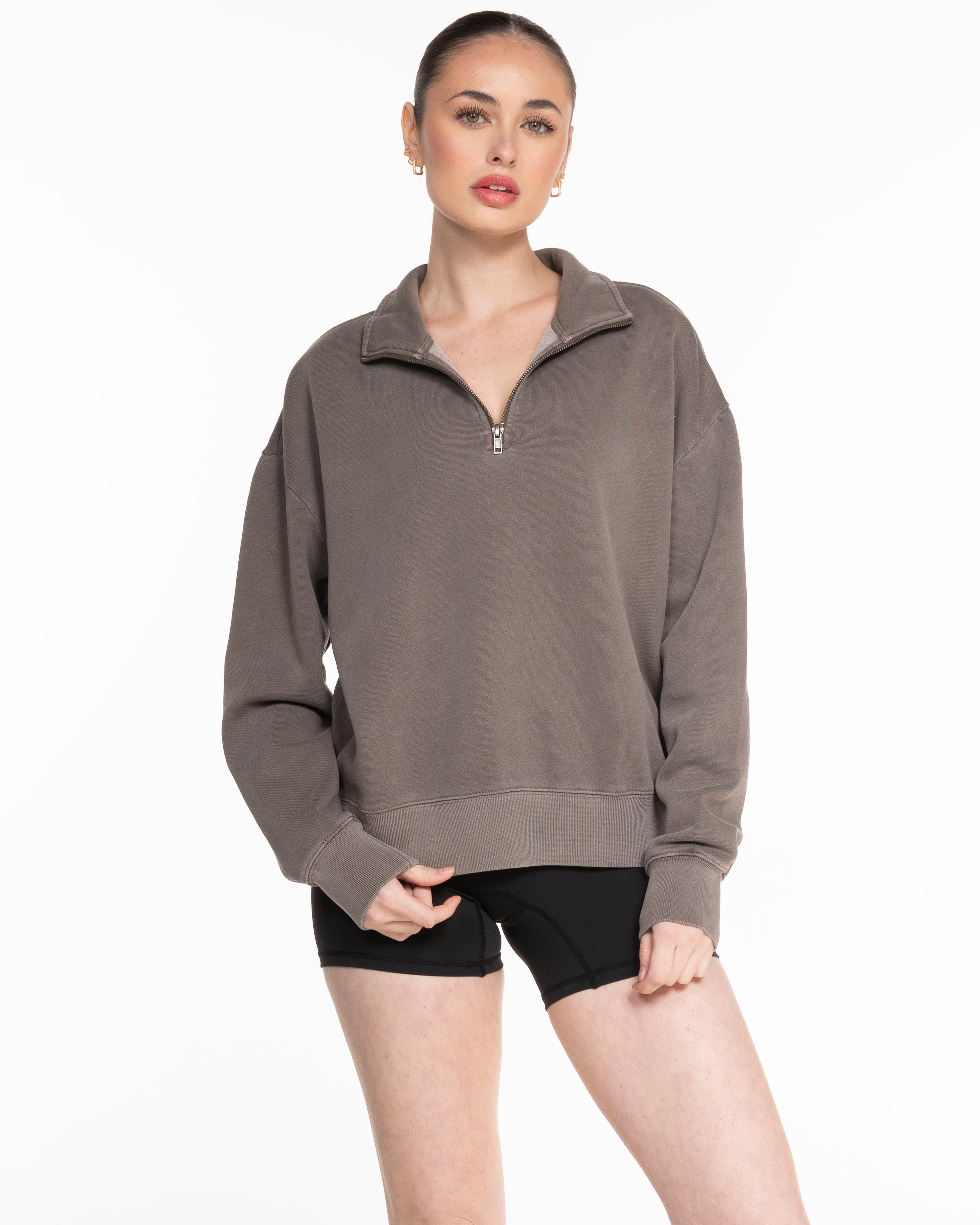 The Womens 1/4 Zip - Washed Gray - Karla Reynoso - Left Chest - Right Sleeve - EMB - Off White