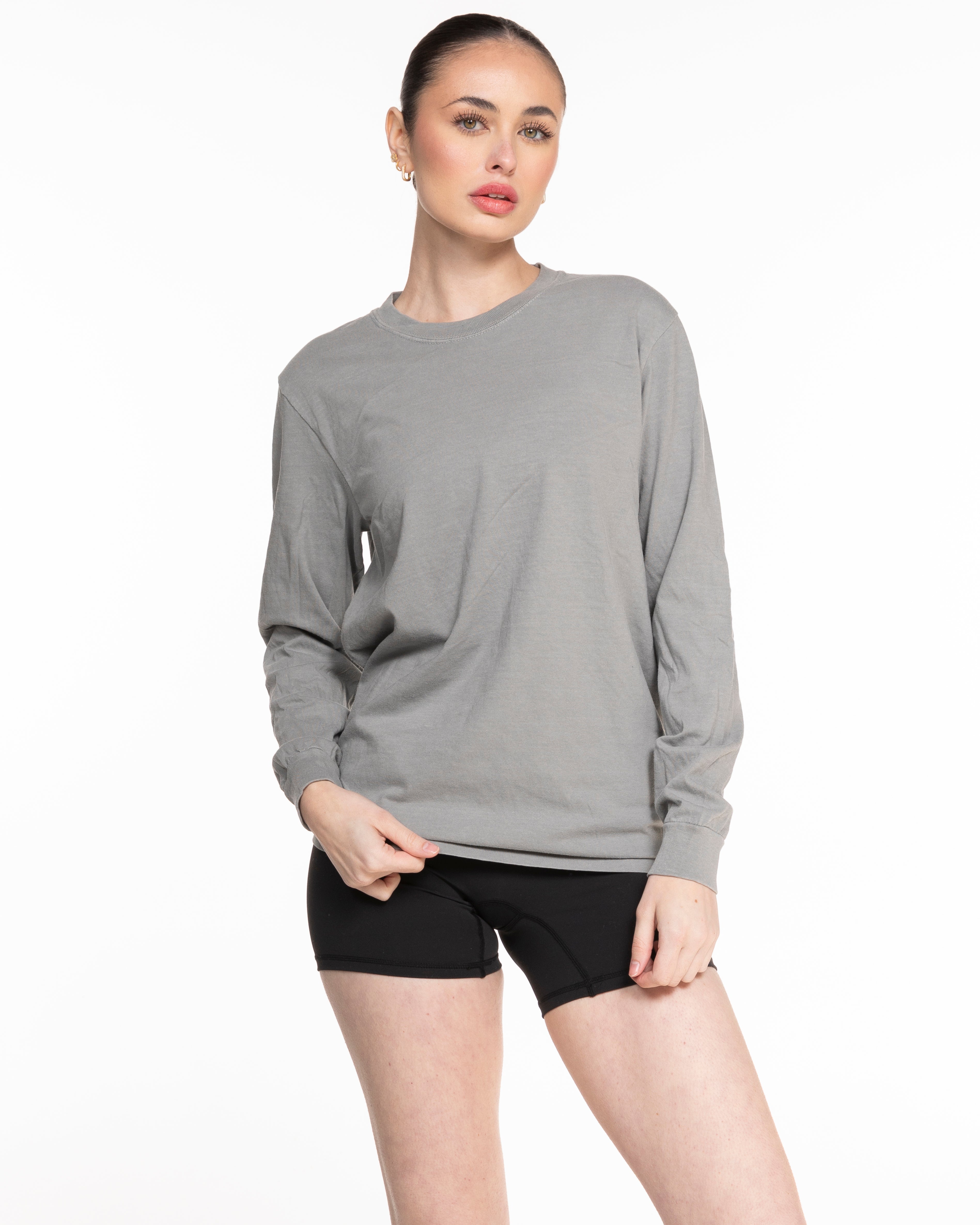 The Unisex Midweight Long Sleeve - Gray - Megafit House - Left Chest Stacked - Printed - Black