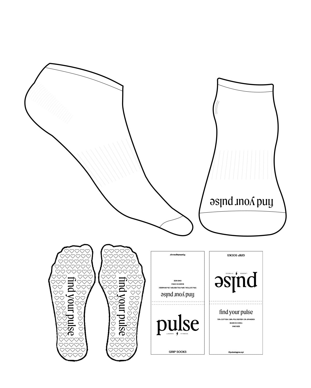 The Ankle Sock - White - Pulse Lagree Fitness - Front Logo - Black - Heart Shape Grip - Black