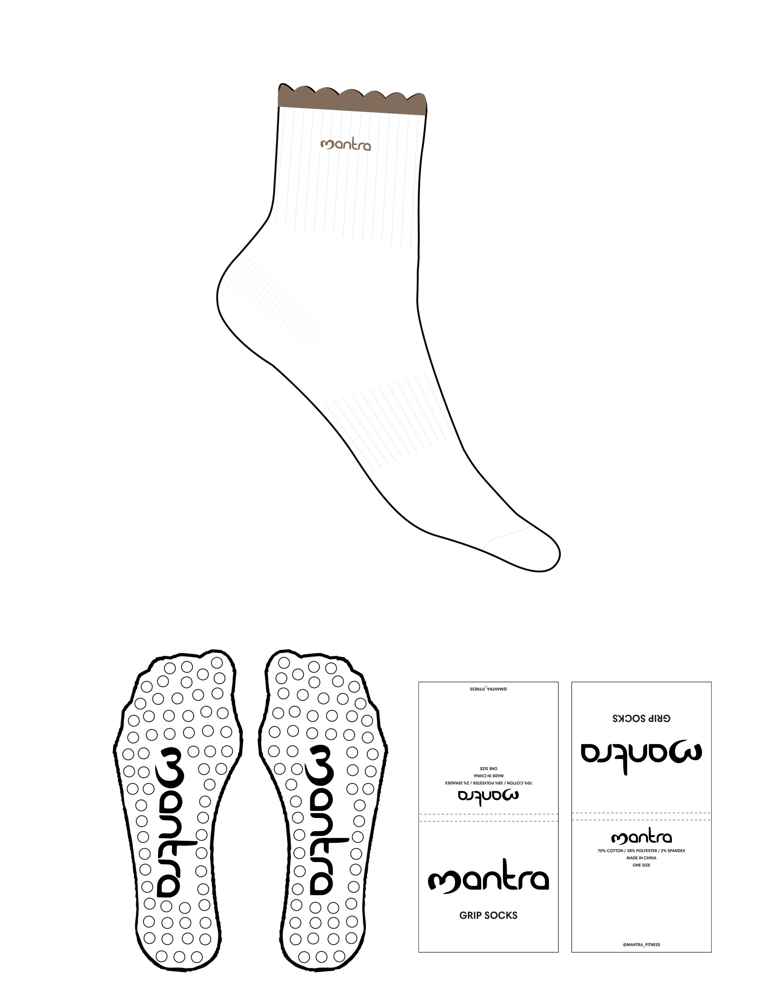The 3/4 Crew Sock - White - Mantra - Scallop - Top Logo Embroidered - Mocha - Circle Grip - Transparent