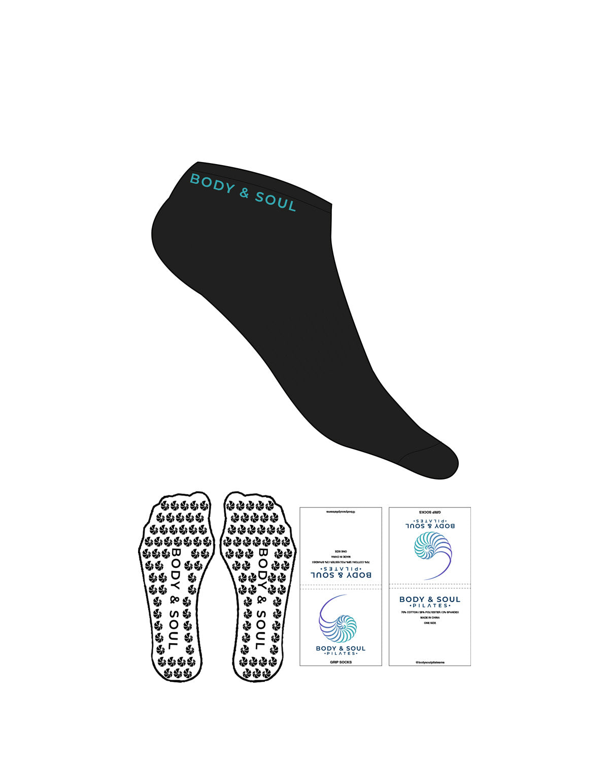 The Ankle Sock - Black - Body & Soul - Both Sides - Teal - Custom Shape Grip - Transparent