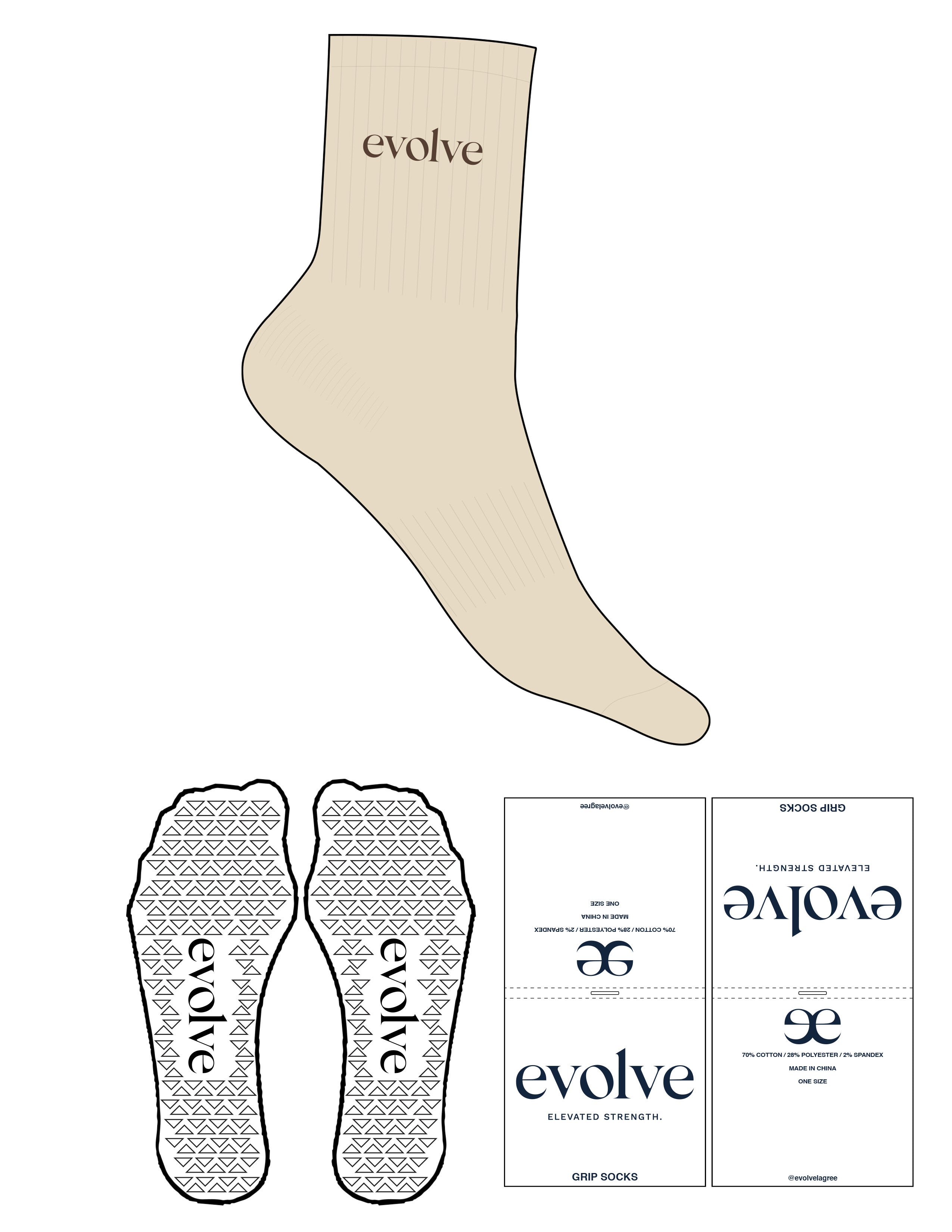 The 3/4 Crew Sock - Seedpearl - Evolve Lagree - Top Logo - Embroidered - Truffle - Triangle Grip - Transparent