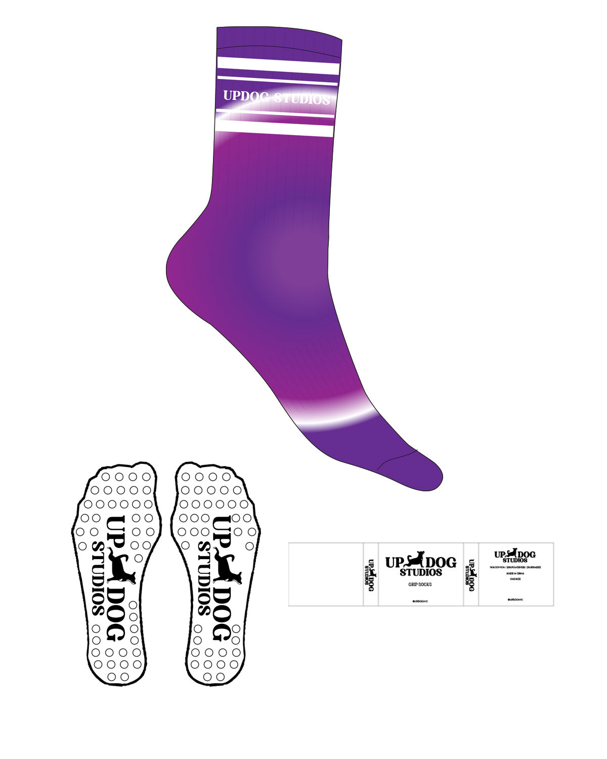 The Crew Sock - Tie Dye Purple - Updog Yoga - 4 Strips - Top Logo Between Strips - White - Circle Shape Grip - White