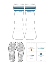 The 3/4 Crew Sock - White - Reform Fitness - Moraccan Blue, Blue Smoke & Blue Sapphire Stripes - Top Logo - Bright Blue - Hexagon Grip - Bright Blue