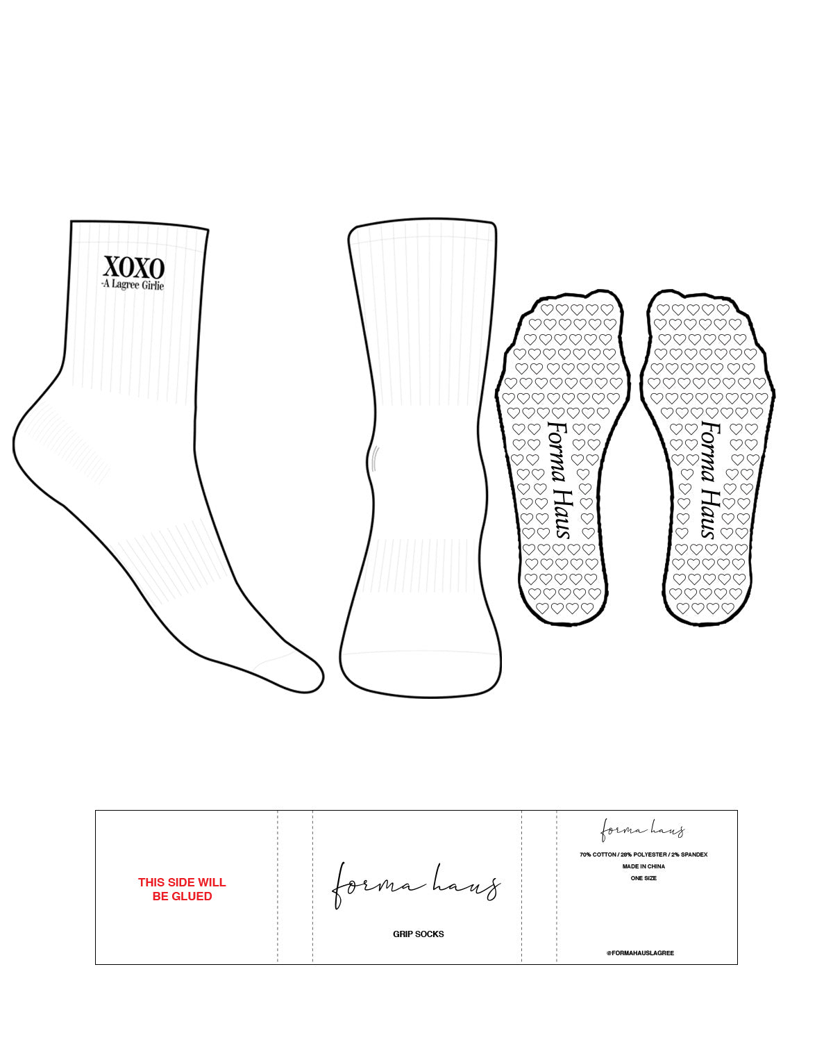 The 3/4 Crew Sock - White -  Forma Haus - Top Ankle Text Stacked - Black - Embroidered - Heart Shape Grip - Black