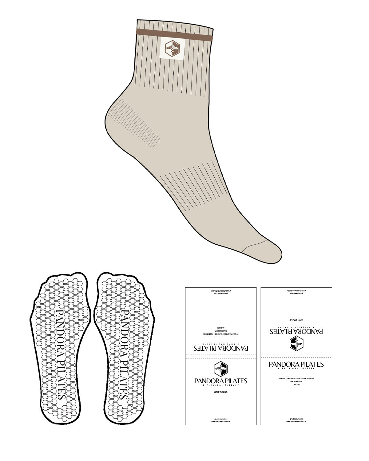 The Crew Sock - Sand - Pandora Pilates - Top Border & icon -  Brown Stripe -  Cream Embroidered Label - Hexagon Shape Grip - Transparent