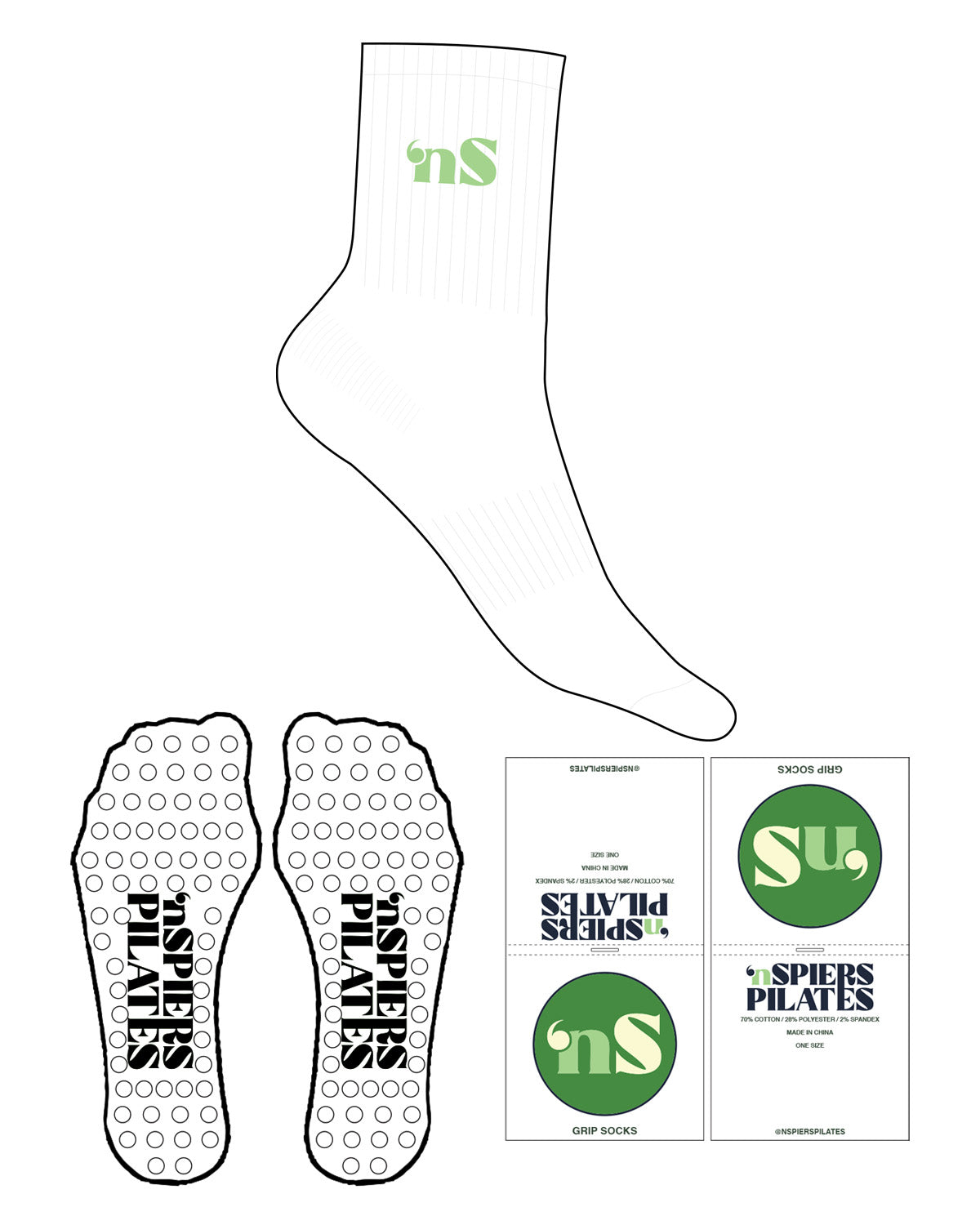The 3/4 Crew Sock -  White -  NSpiers - Top Logo "nS" - Light Green - Circle Shape Grip - Light Green
