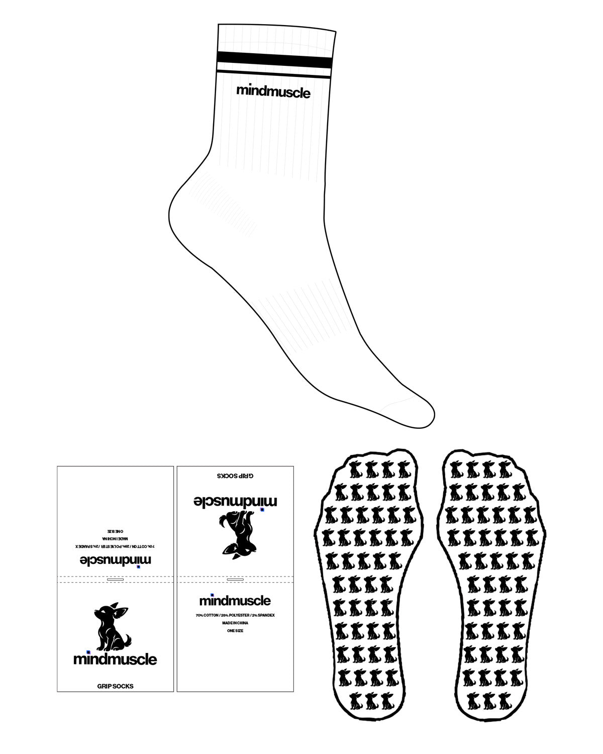 The 3/4 Crew Sock - White - Mind Muscle - 2 Stripes - Top Logo - Black - Custom Grip - Black