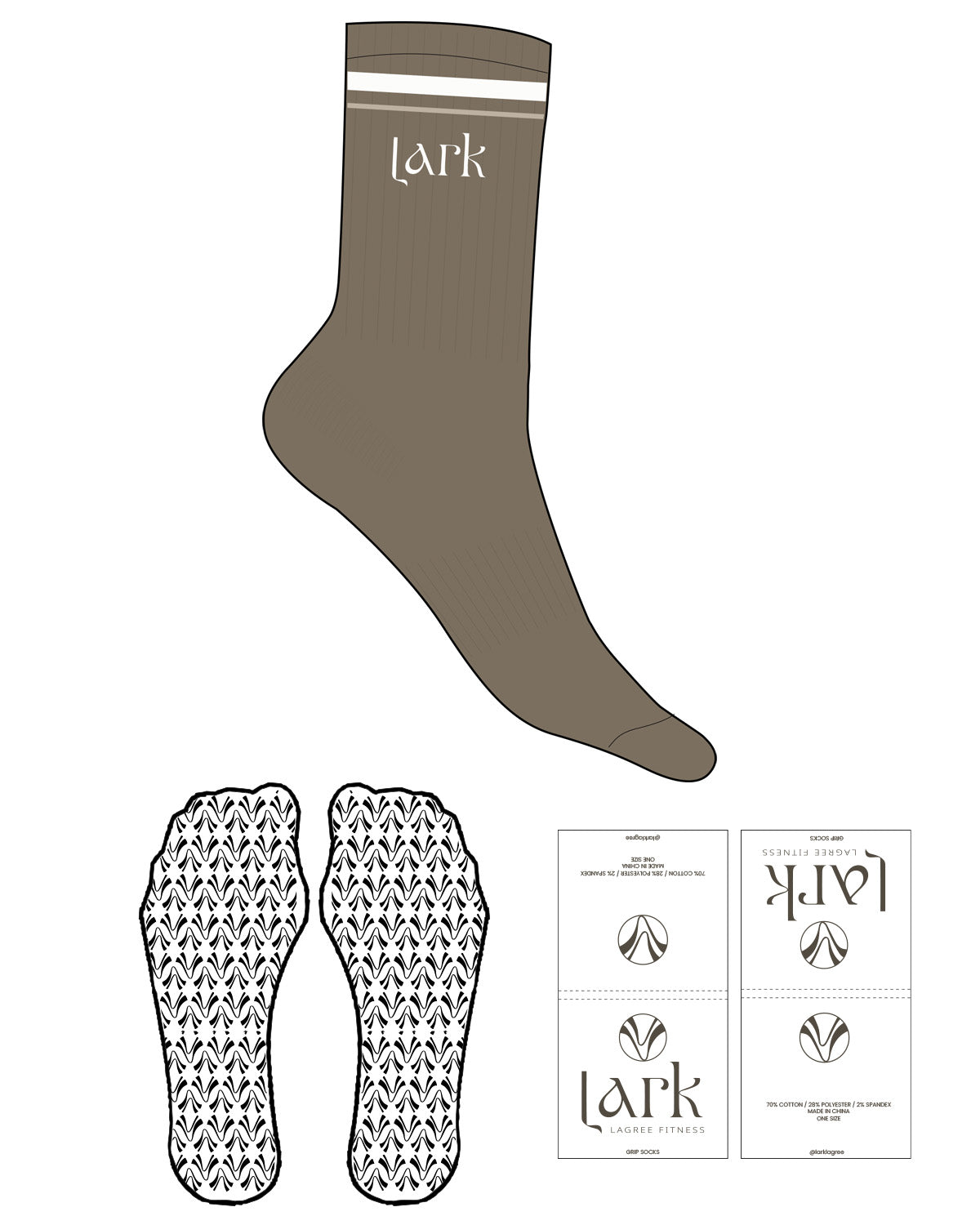 The Crew Sock - Mocha - Pure Movement LARK - 2 Strips - Top Logo - Full Color - Icon Grip - Transparent