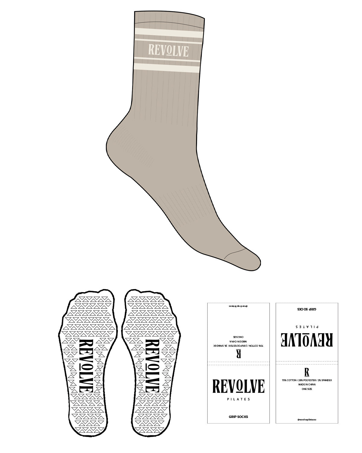 The Crew Sock - Tan - Revolve Pilates - 4 Strips - Revolve Logo on Middle - Off White - Triangular Shape Grip - Transparent
