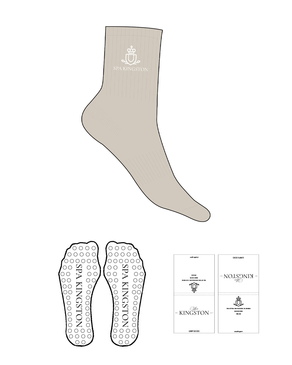 The 3/4 Crew Sock - Sand - Spa Kingston - Top Logo Stacked - Embroidered - White - Circle Shape Grip - White
