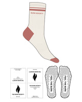 The Crew Sock - Off White - The Burn Society - 2 Stripe Lines - Text Center - Coral L285 - Triangle Shape Grip - Transparent