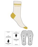 The Crew Sock - Off White - The Burn Society - 2 Stripe Lines - Text Center - Yellow M60 - Triangle Shape Grip - Transparent
