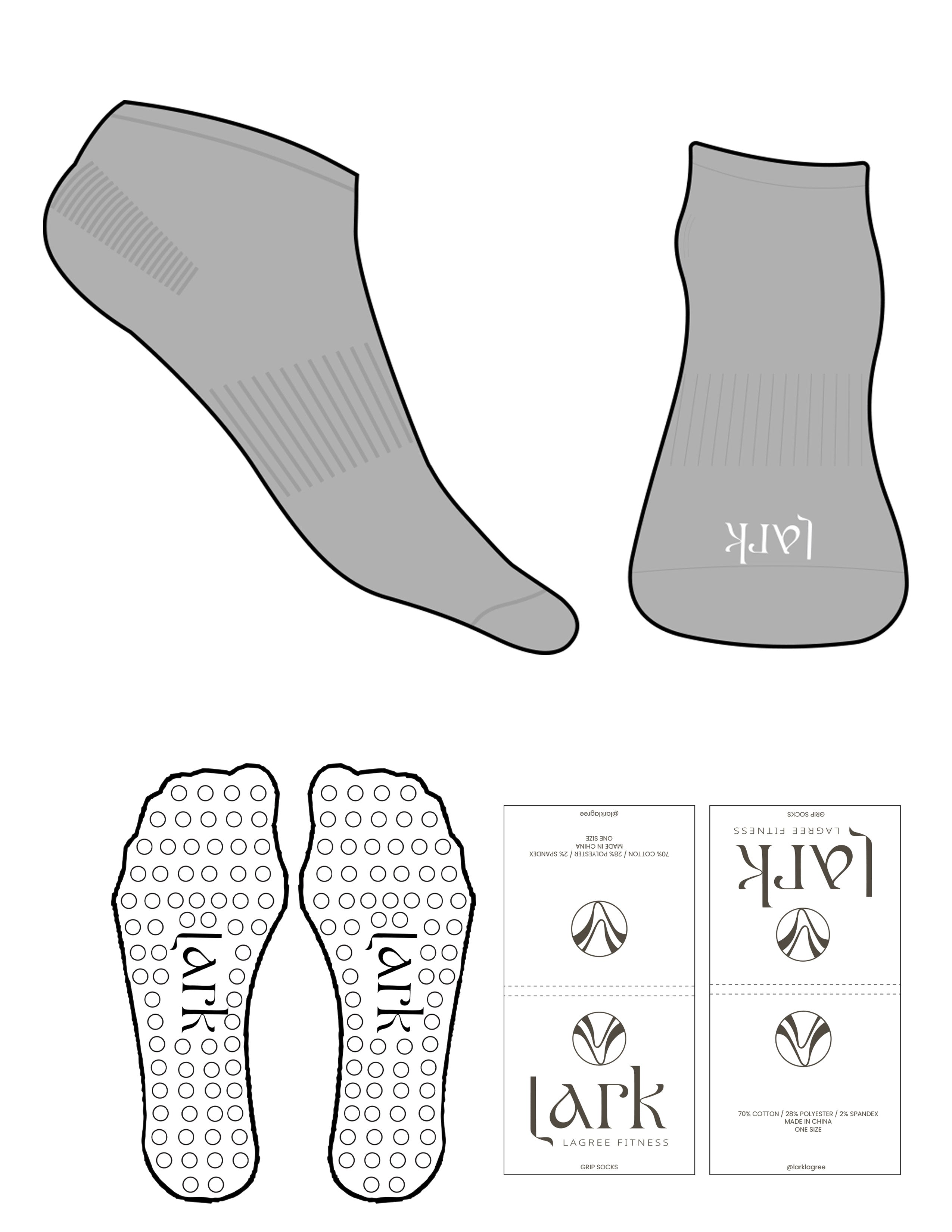 The Ankle Sock - Heather Gray - Pure Movement LARK - Toe Logo - Printed - White - Circle Grip - White