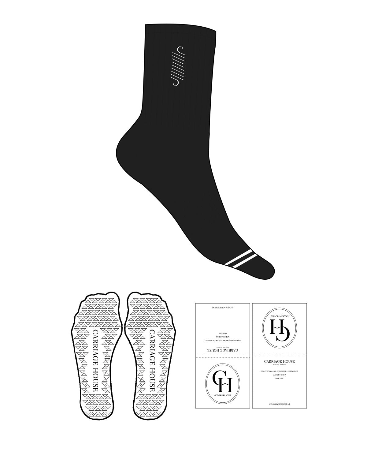 The Crew Sock - Black - Carriage House - 2 Toe Stripes - Top Logo - Embroidered - White - Triangle Shape Grip - White