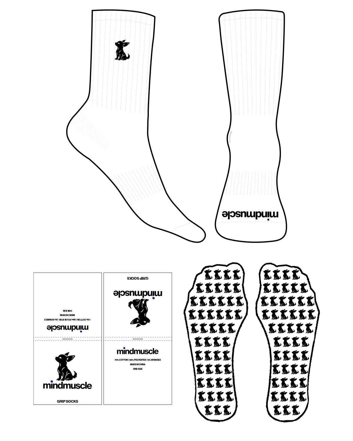 The Crew Sock - White - Mind Muscle - Puppy - Black - EMB - Toe - Printed - Black -  Custom Grip - Black