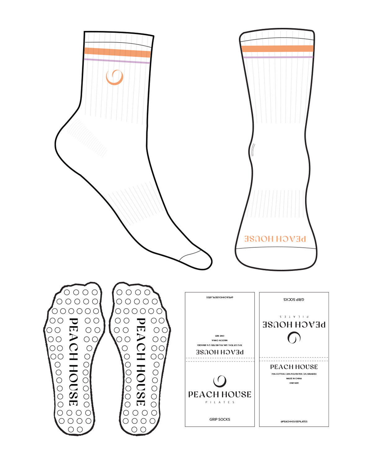 The 3/4 Crew Sock - White - Peach House Pilates - 3 Strips - Top Logo Round & Front  - Peach L70 & Lavender L84 - Circle Shape Grip - Transparent