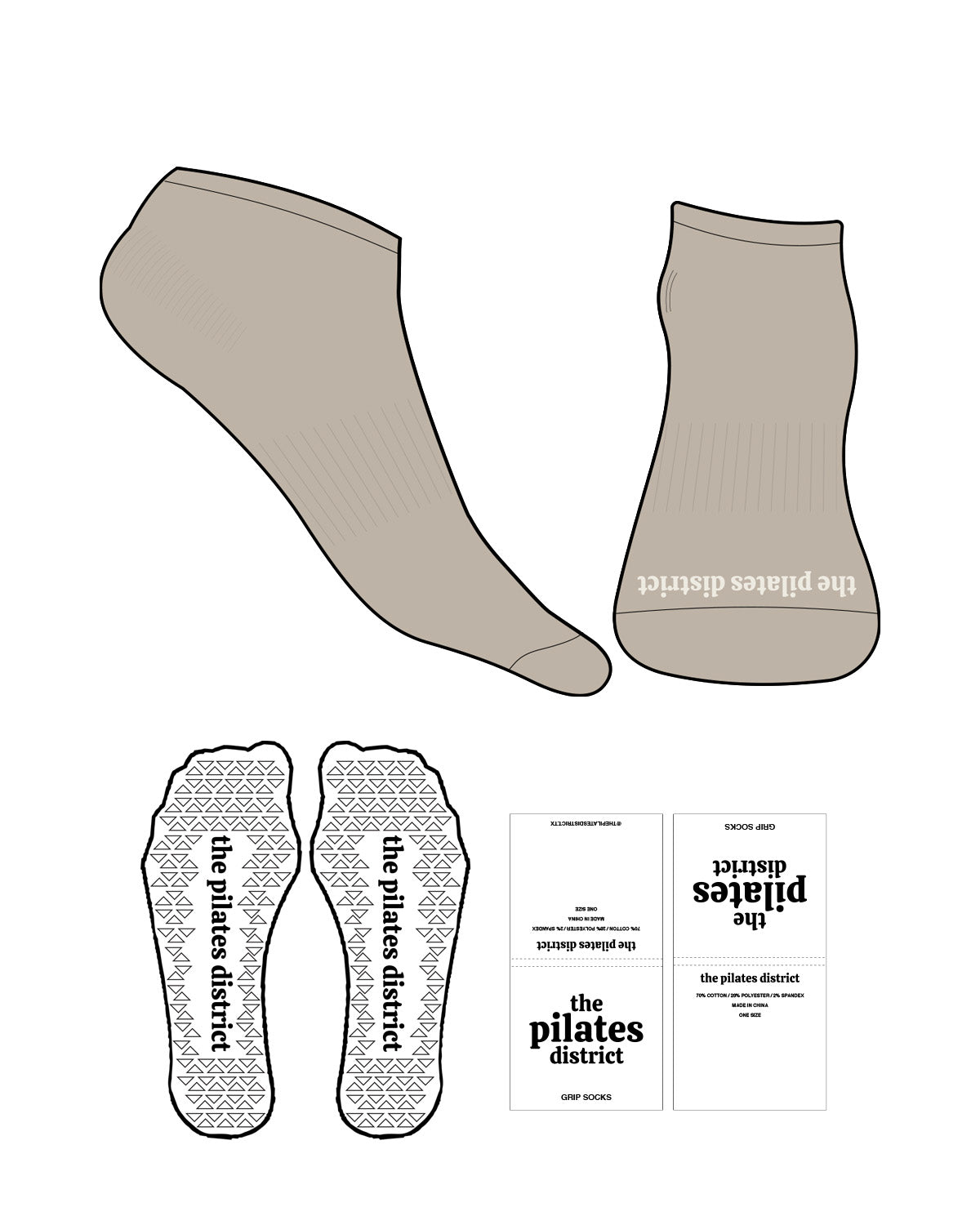 The Ankle Sock - Tan - THE PILATES DISTRICT - Front Logo - Off White - Triangle Shape Grip - Translucent