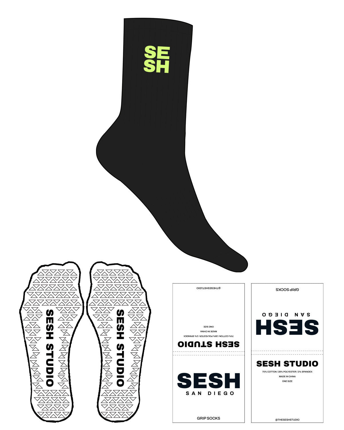 The Crew Sock - Black - Sesh Studio - Top Logo Stacked - Neon Green - Triangle Shape Grip - Neon Green